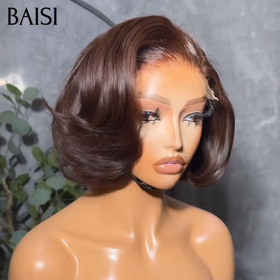 BAISI Achetez 2 perruques minimum au prix d'usine fournisseu  Perruque Pixie Lisse En Couleur Marron ou curly wave NOIR en 100% Cheveux Humains Fabriquée A La Machine Pas Besoins De Code