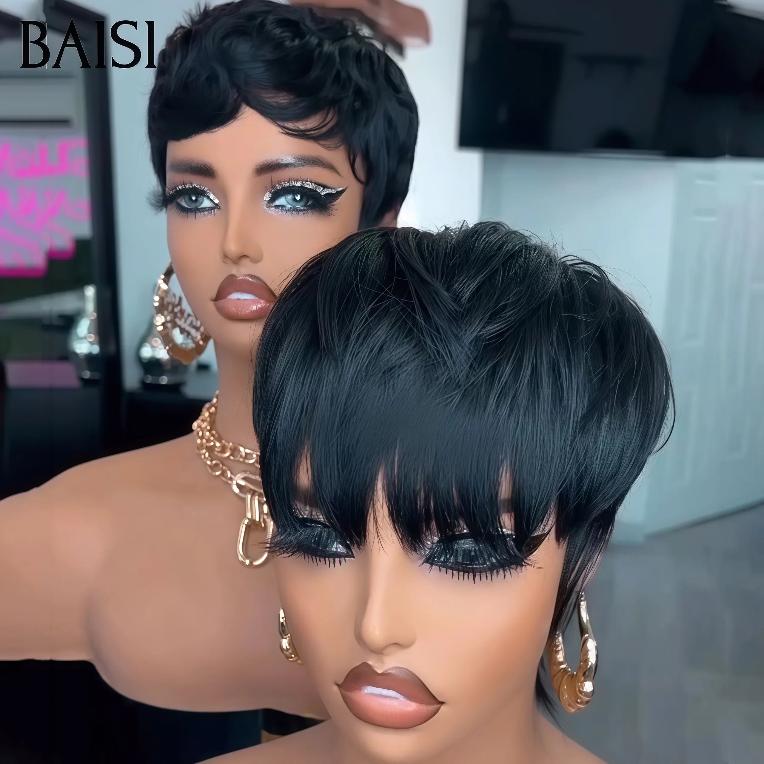 BAISI Achetez 2 perruques minimum au prix d'usine fournisseur pixie perruque Fabriqué à la Machine Lisse ou Lace 13*4 Perruque pixie Lisse en 100% Vrais Cheveux Humains En Couleur Variée (Pas Besoins De Code)