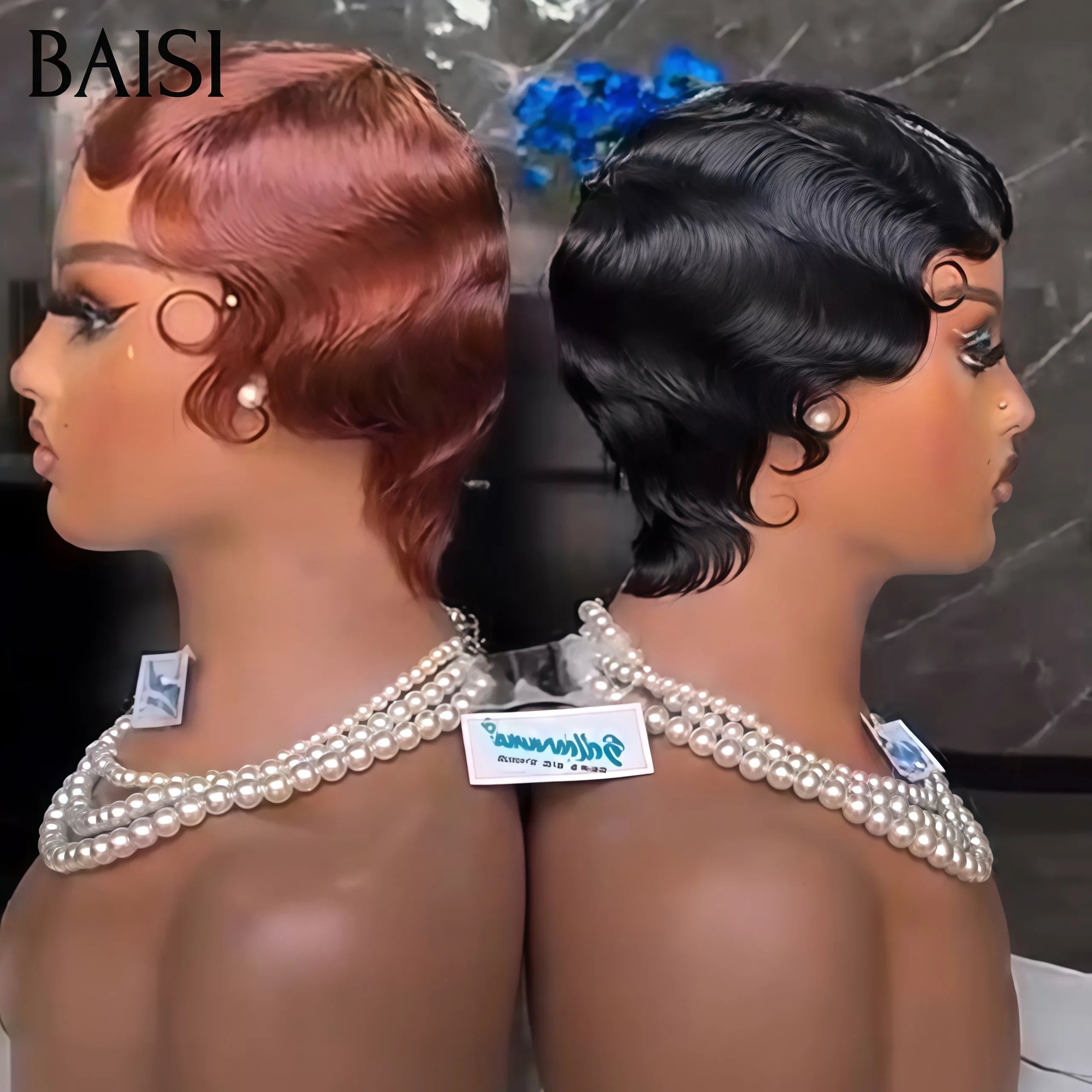 BAISI 13X4 peruca curta onda de dedo Pixie na cor rosa € 88 em cabelo 100% humano BS50