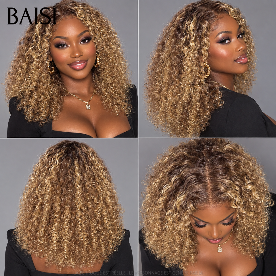 BAISI perruque avec closure water wave en couleur marron mixte miel 250% Densité 100% Cheveux Humains