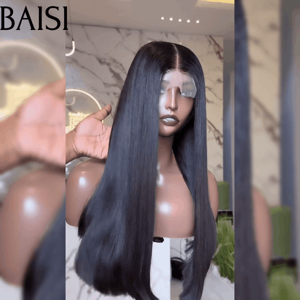 BAISI Perruques de Luxe 15A SDD BONE Straight 100% Viêtnam Hair 250% densité 2X6 Lace Perruque 18 Pouce Noir Lisse FR38