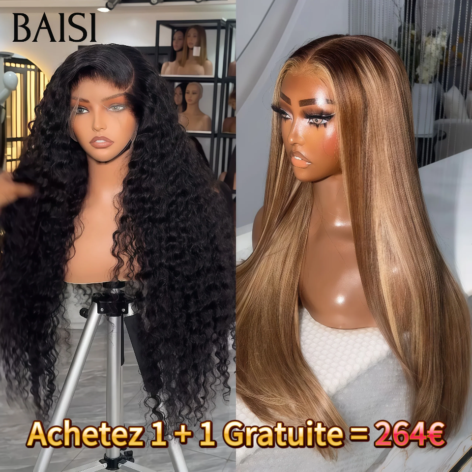 BAISI Achetez 1 + 1 Gratuite = 264€ 13X4 lace frontal Lisse  en couleur  Mixte  ou curly wave Perruque en 100% vrais cheveux humains