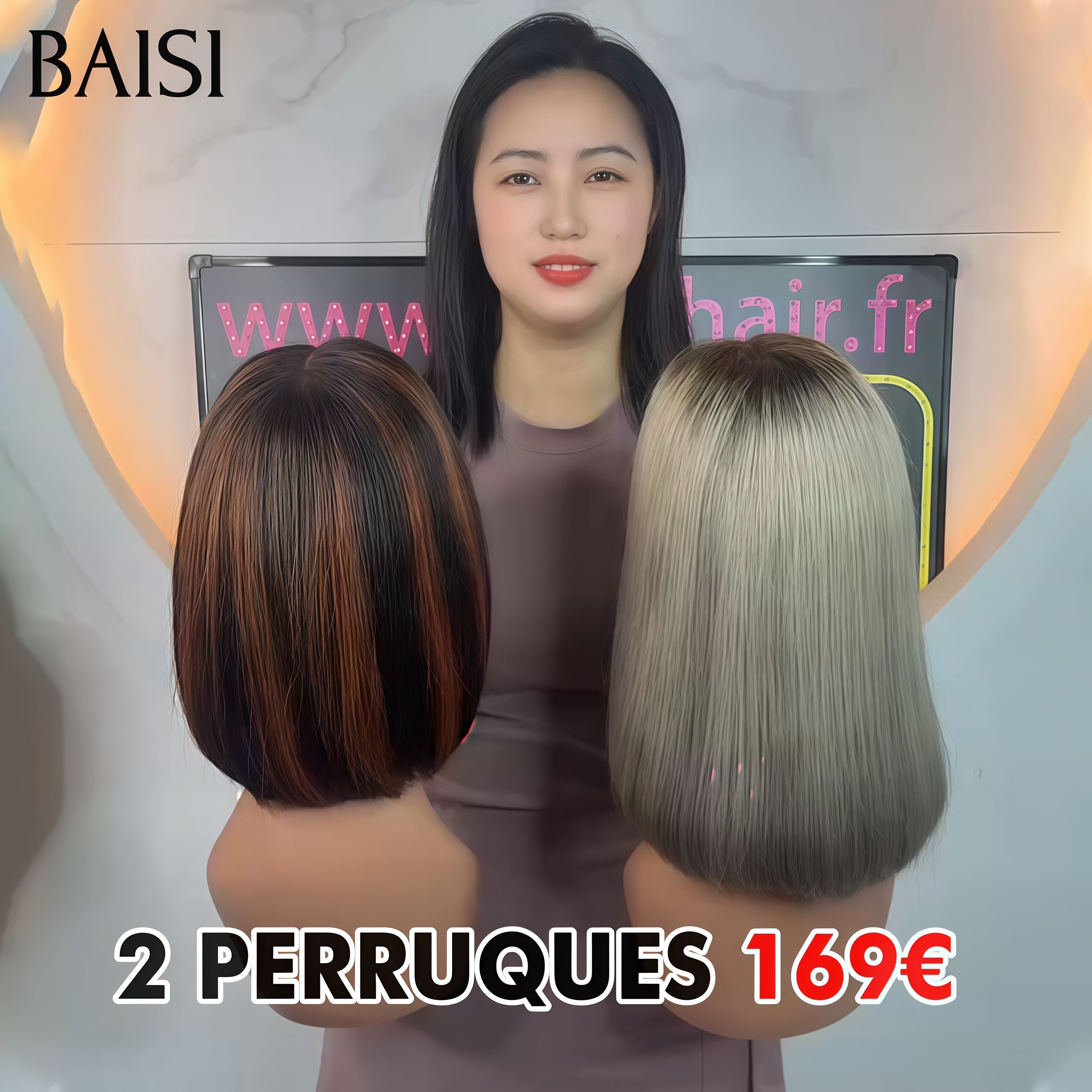 BAISI PROMO 2 perruques 169€ 2X6 lace closure Lisse BOB en couleur NOIR Mixte brun et gris de luxe SDD BONE Straight Lisse Bob Haute Qualité en 100% Vietnam Hair
