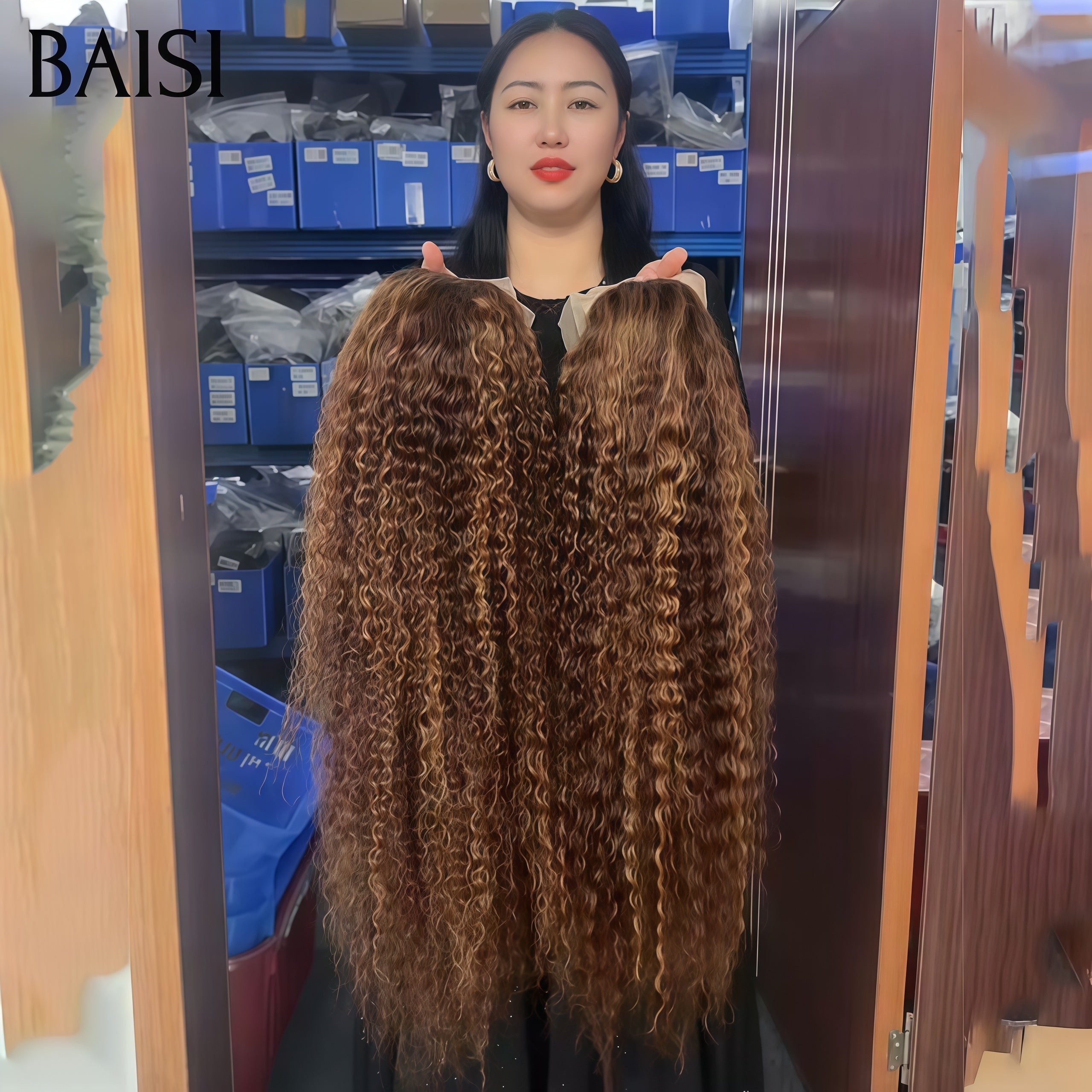 BAISI PROMO BLACK FRIDAY lace frontal 13x4 Perruque curly wave marron mixte miel 24 pouces 150€ en 100% Cheveux Humains