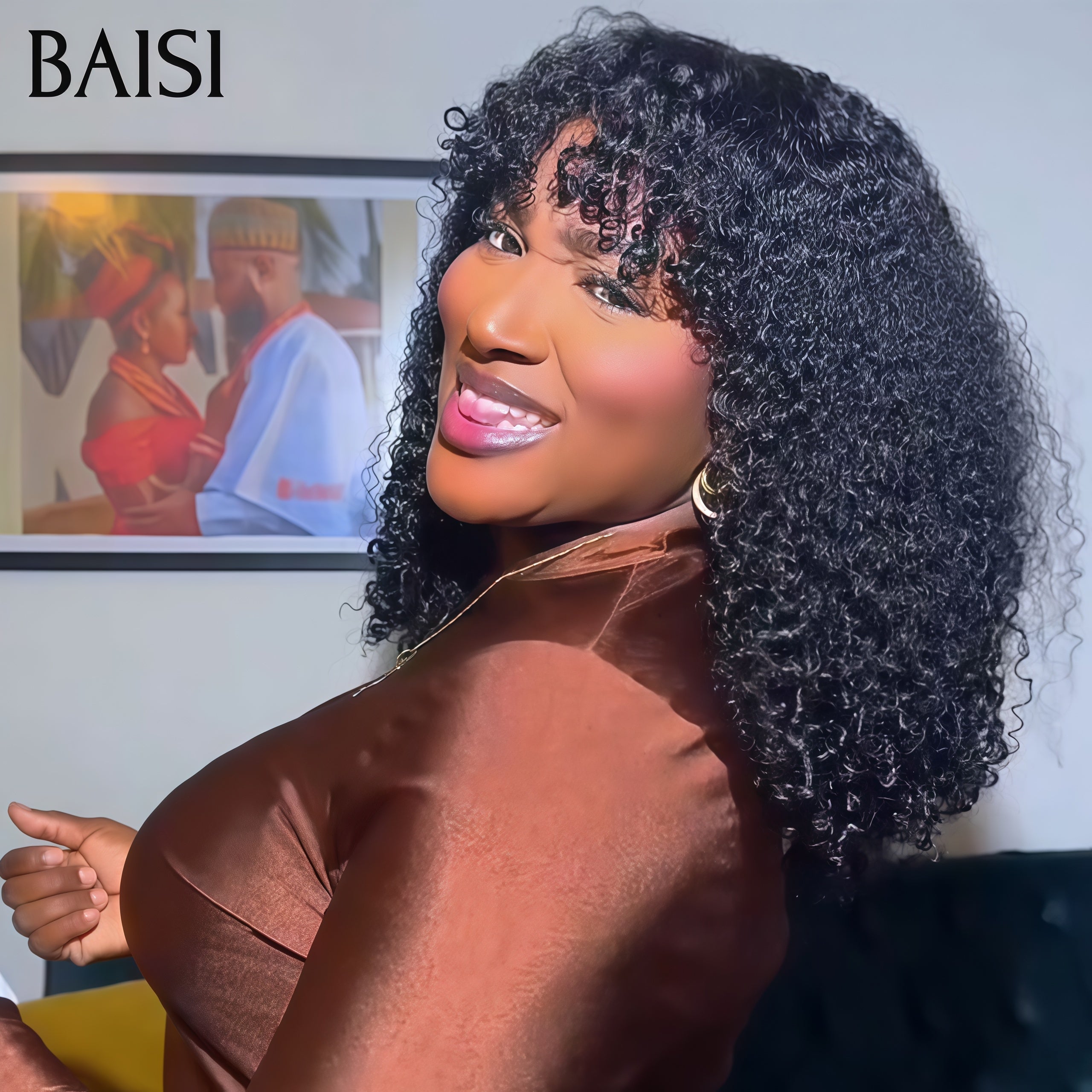 BAISI Perruques sans lace kinky curly Wave avec Frange noir Bon Volume 128€ sans Colle fabriqué à la machine en 100% Cheveux Humains