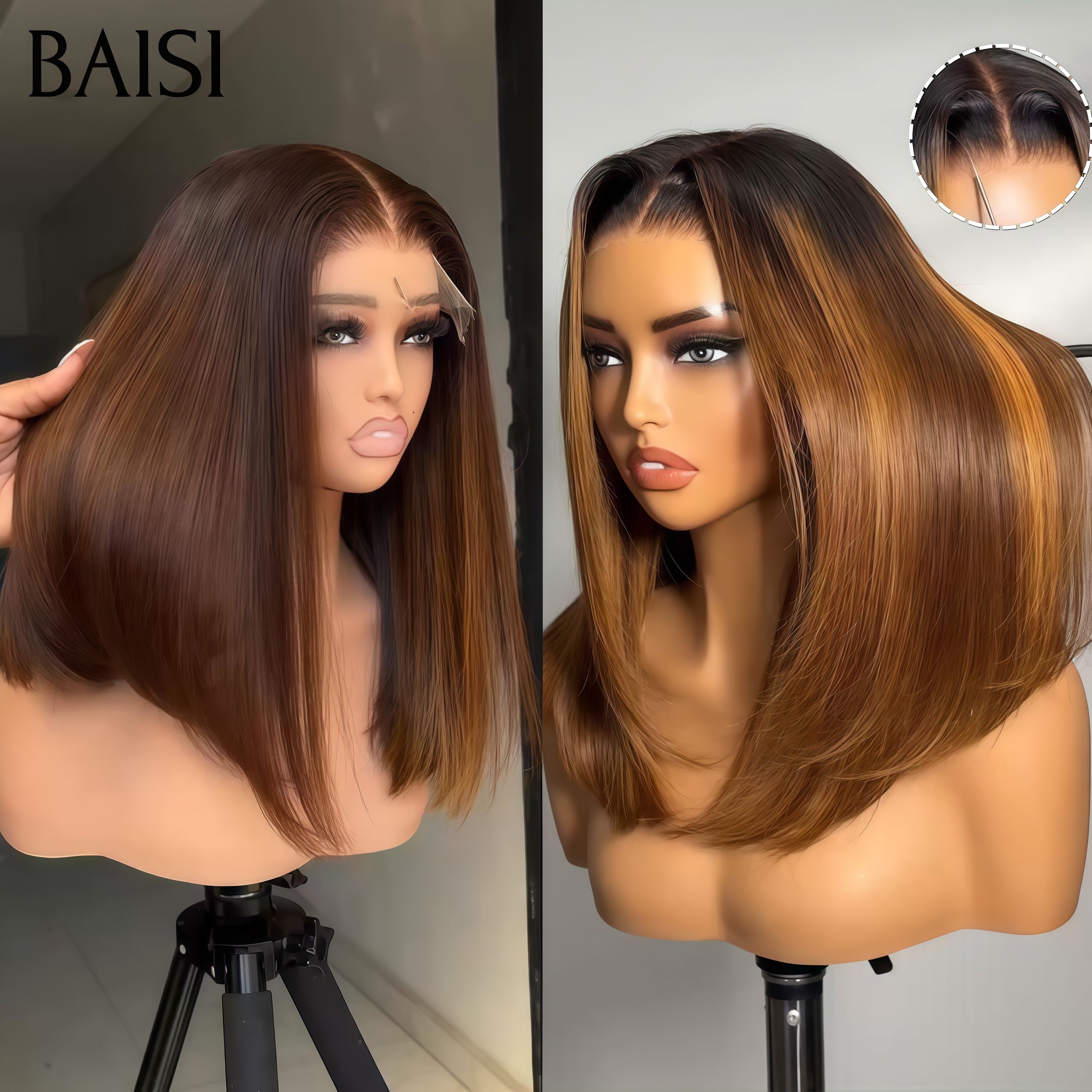 BAISI Grande PROMO 2 perruques 159€ 13X4 lace frontal lisse bob 14 Pouces en couleur Marron et Mixte miel en 100% vrais cheveux humains