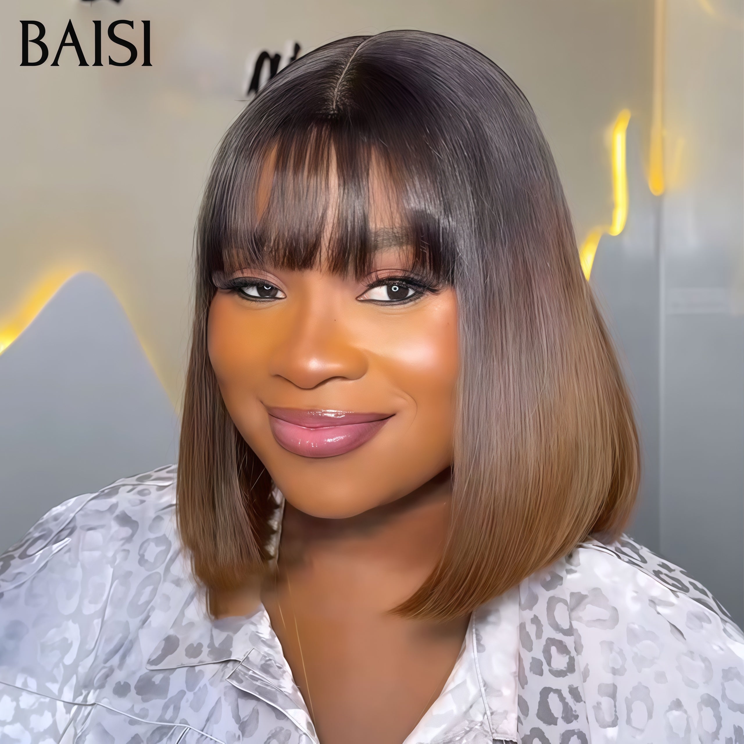 BAISI sans Colle Lisse BOB avec Frange 1 achetée + 1 cadeau OFFERT 66€ en couleurs Marron avec racine en 100% vrais cheveux humains BS65