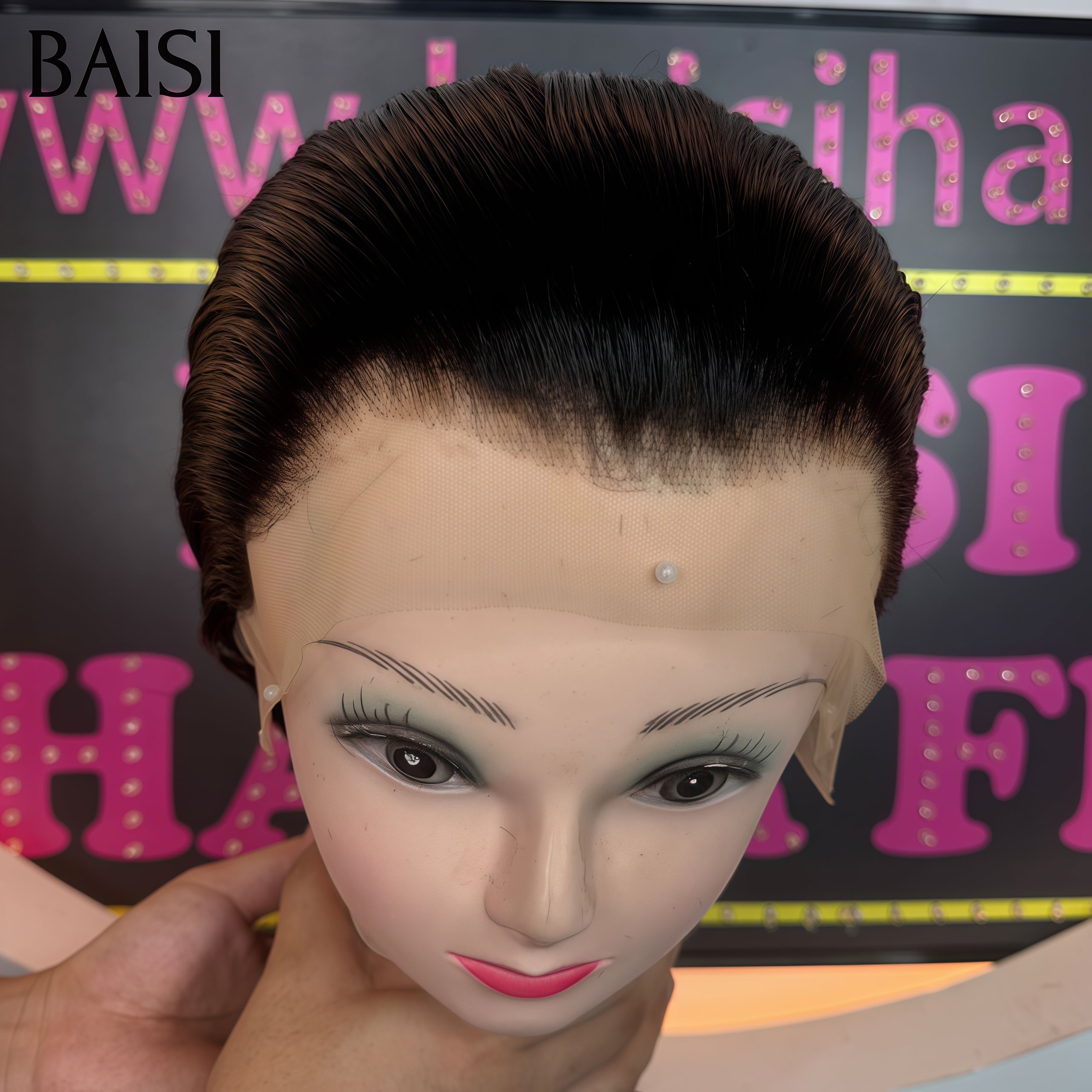BAISI 13X4 lace Perruque Pixie Lisse NOIR 66€ Coiffure moitié prix 100% Cheveux Humains MP50