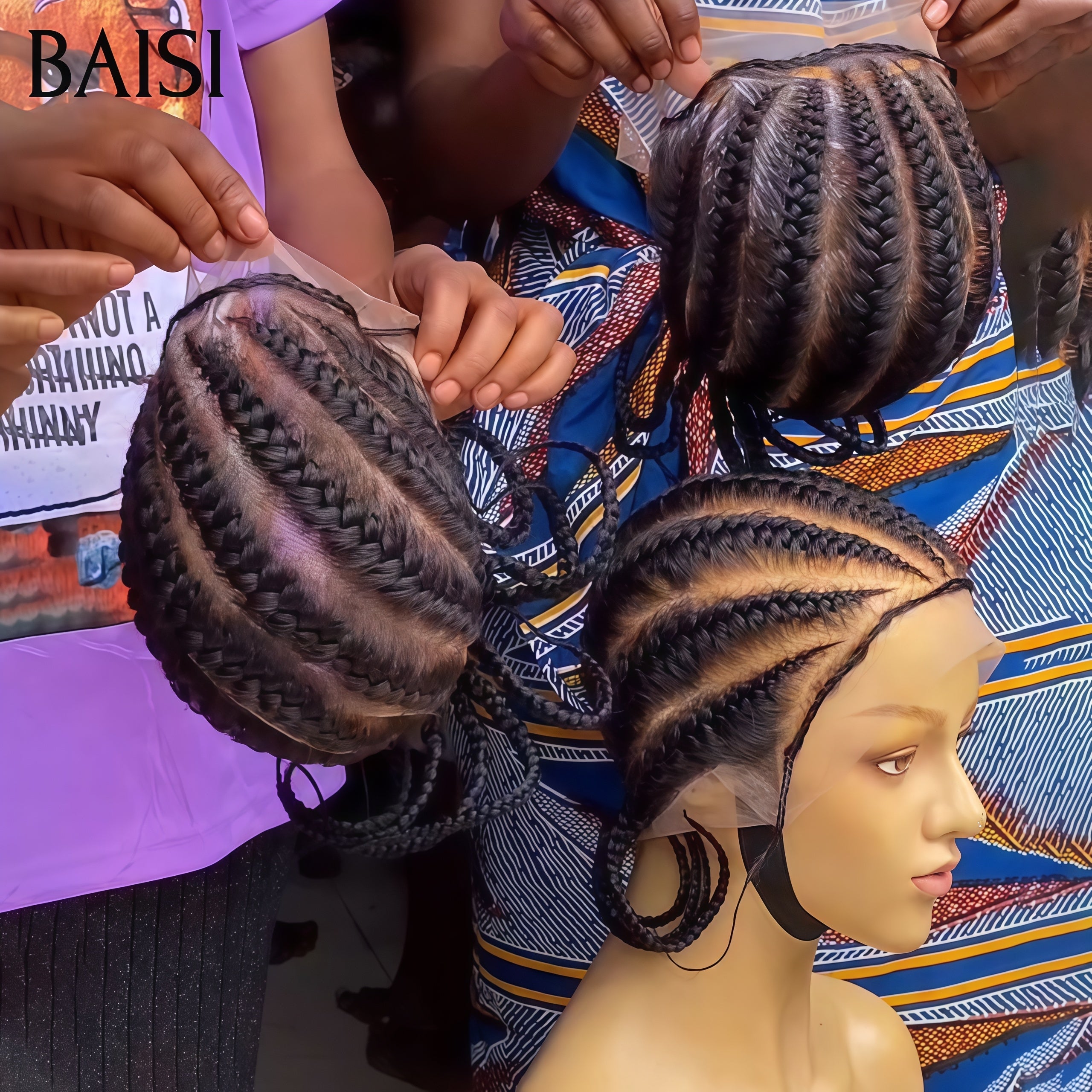 BAISI Moitié Prix 169€ Perruque Full lace avec coiffure tressée natte NOIR Style personnalisé en 100% Cheveux Humains