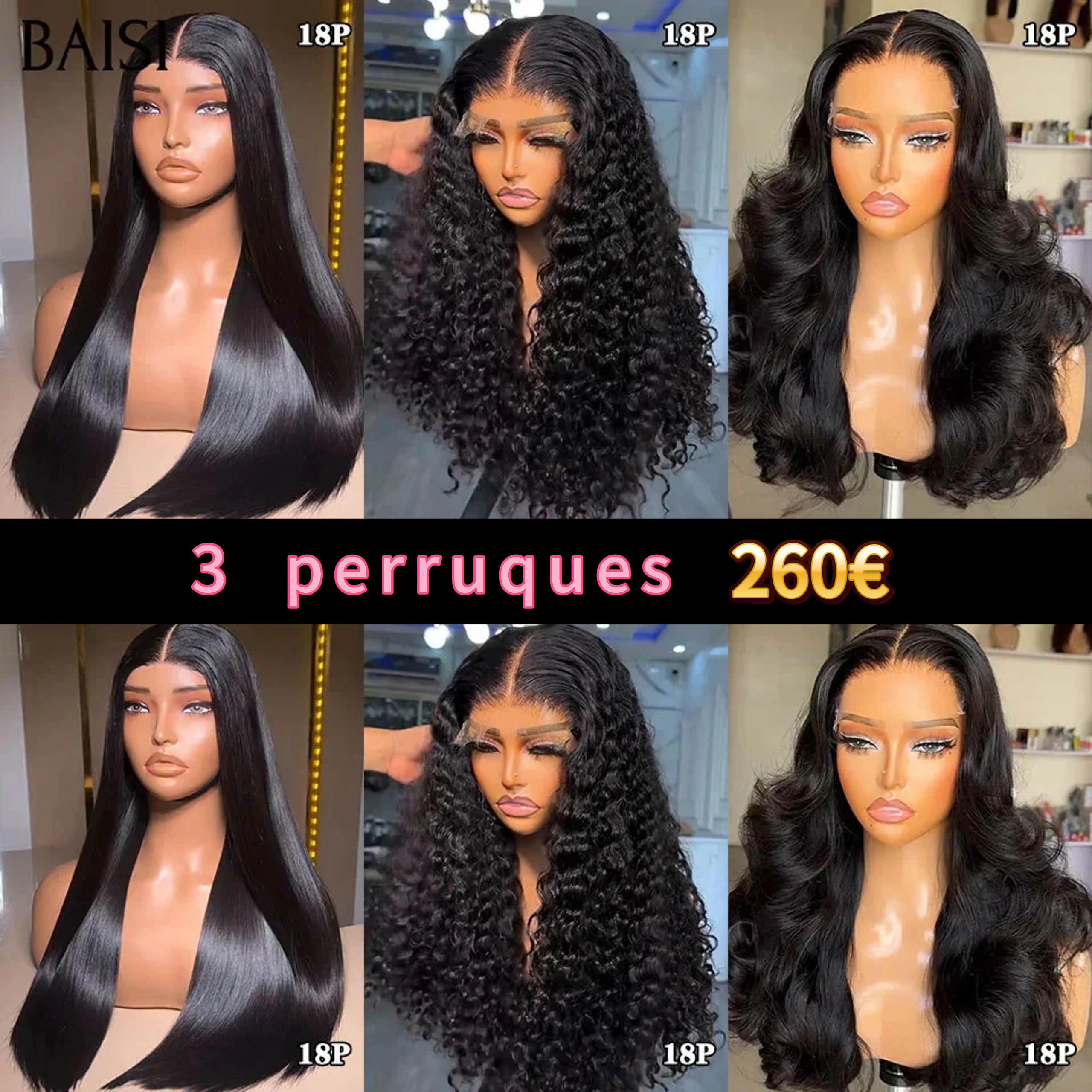 BAISI Lot de 3 perruques PROMOTION 259€ 4X4 lace closure 18 Pouces curly wave et body wave et lisse NOIR en 100% vrais cheveux humains