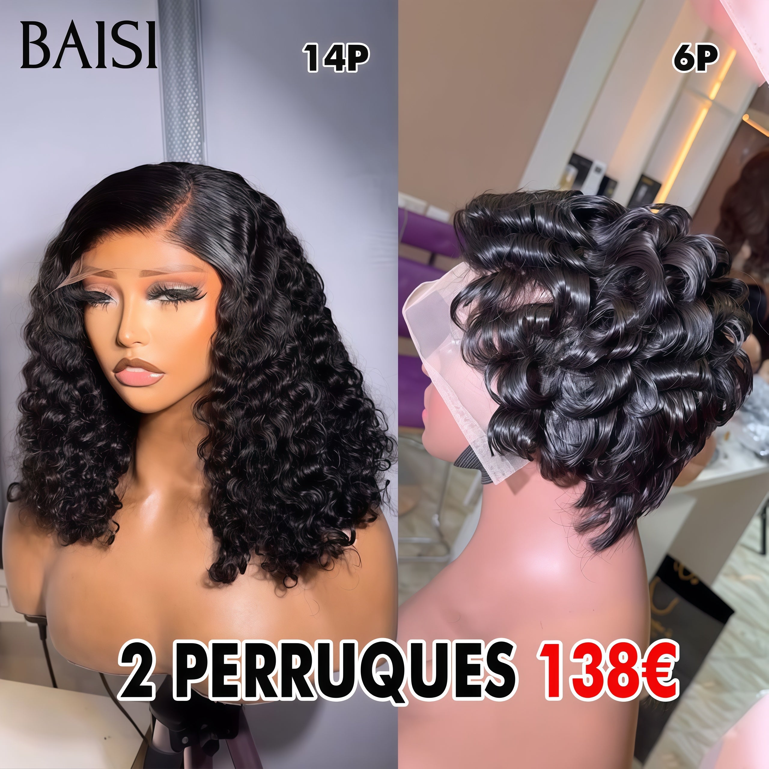 BAISI vente flash 2 Perruques 138€ 4x4 lace curly wave et 13x4 pixie finger wave ou 3 perruques en 100% vrais cheveux humains 280 euro