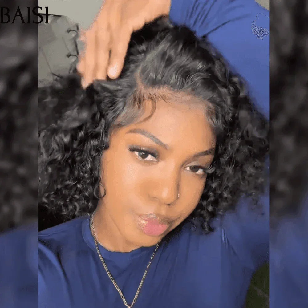 BAISI 13x4 Sans Colle Perruque Bob Curly en Noir 8-14 Pouces Lace déjà couper Facile à Porter en 100% Cheveux Humains