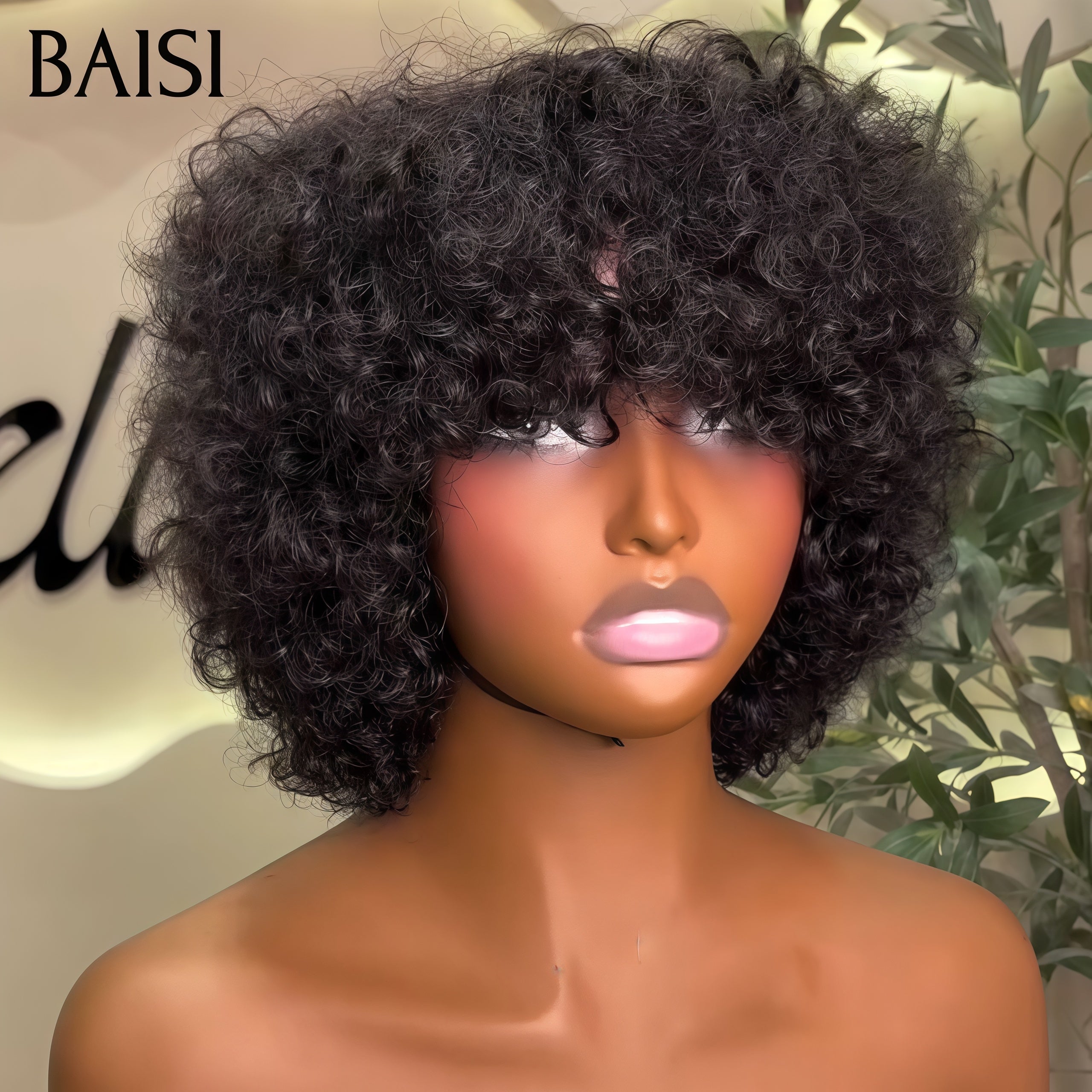 BAISI Prix sans lace 48€ pixie afro curl ou 50€ Perruque Pixie Lisse en couleur 99J#  sans colle 100% Cheveux Humains Fabriqué à la Machine F-026 BS65