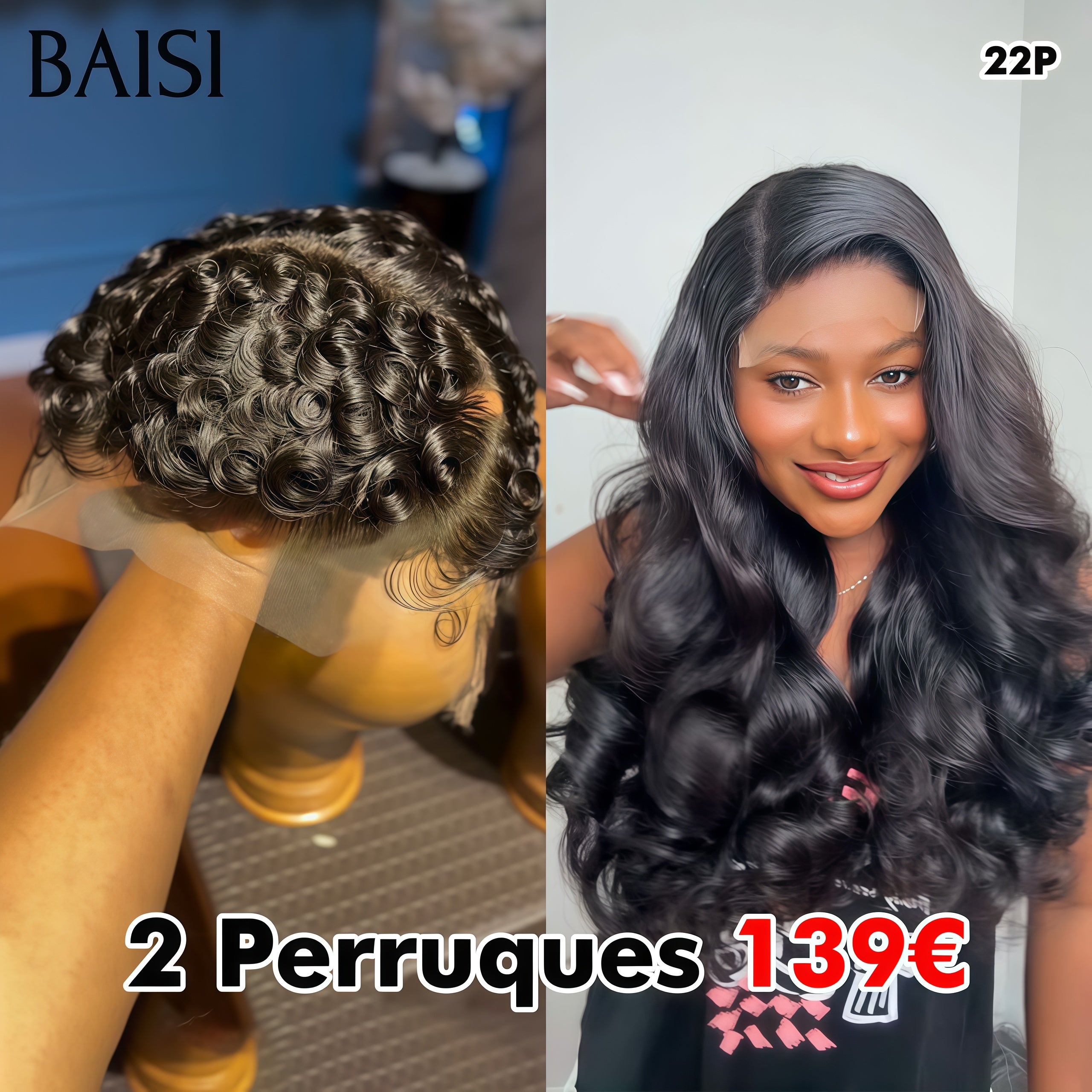 BAISI 2 Perruques 139€ Réduction avec code promo 4x4 lace closure Body wave 22 Pouces et 13x4 lace pixie finger wave en 100% vrais cheveux humains