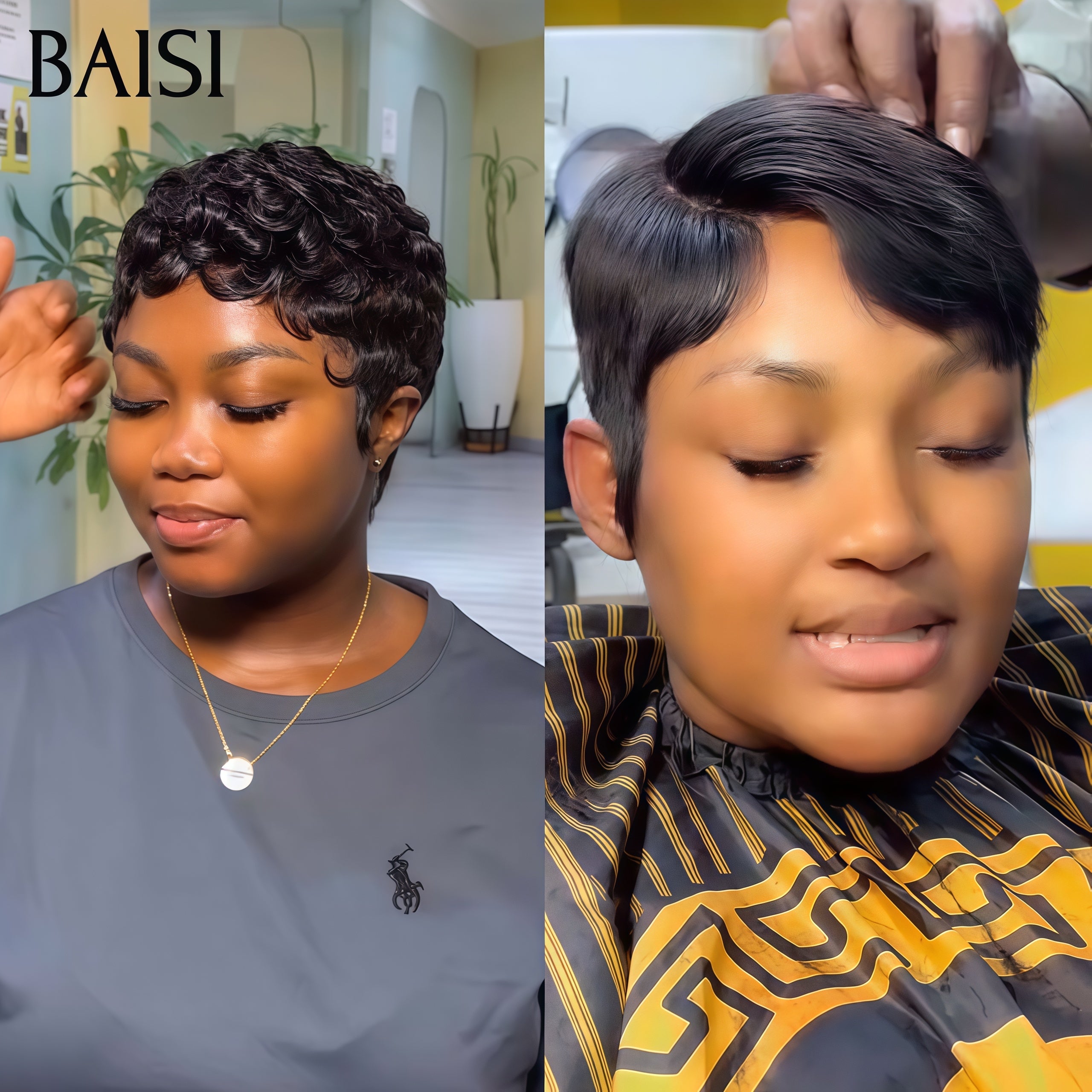 BAISI HAIR FR 2 Pixie Perruques 66€ sans Colle finger wave NOIR et 13X4 lace pixie Lisse 100% Cheveux Humains