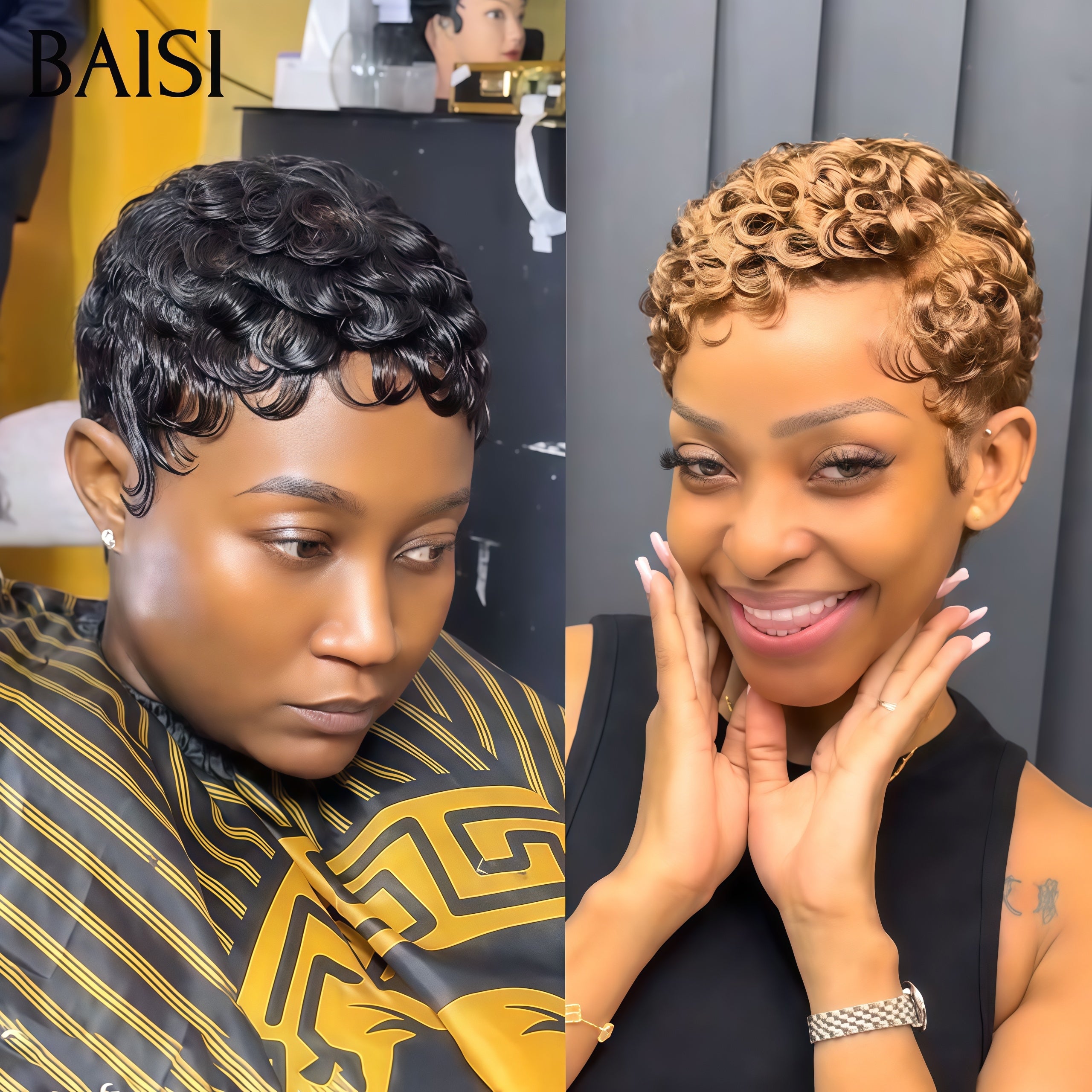 BAISI vente flash 2 Perruques Chioma 75€ pixie finger wave sans lace NOIR et 13x4 lace Marron en 100% vrais cheveux humains