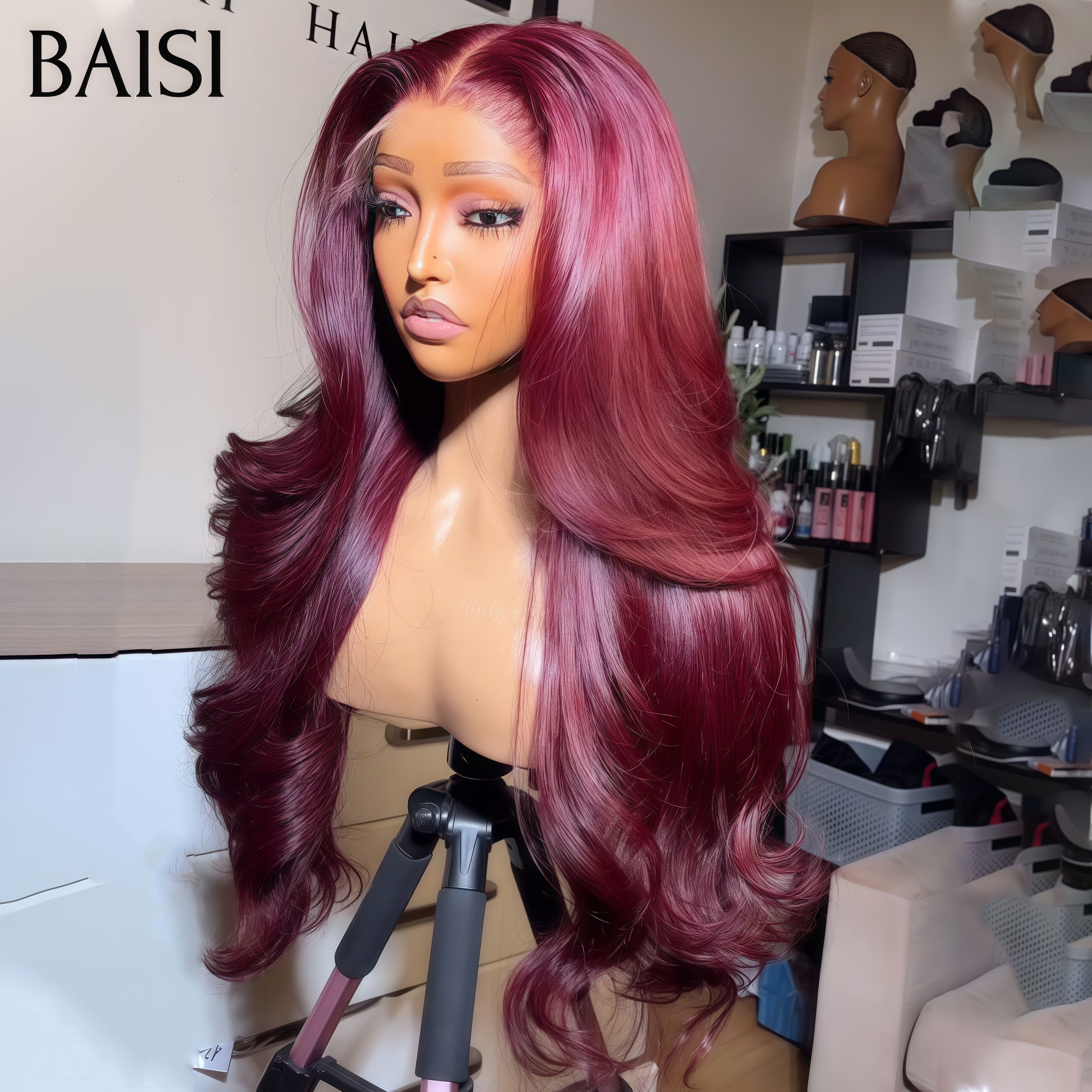 BAISI Achetez 2 perruques minimum au prix d'usine fournisseur 13x4 Lace Frontal Perruque Body Wave Rouge Bordeaux Sans Colle Lace déjà couper Facile à Porter En 100% Cheveux Humains (Pas Besoins De Code)