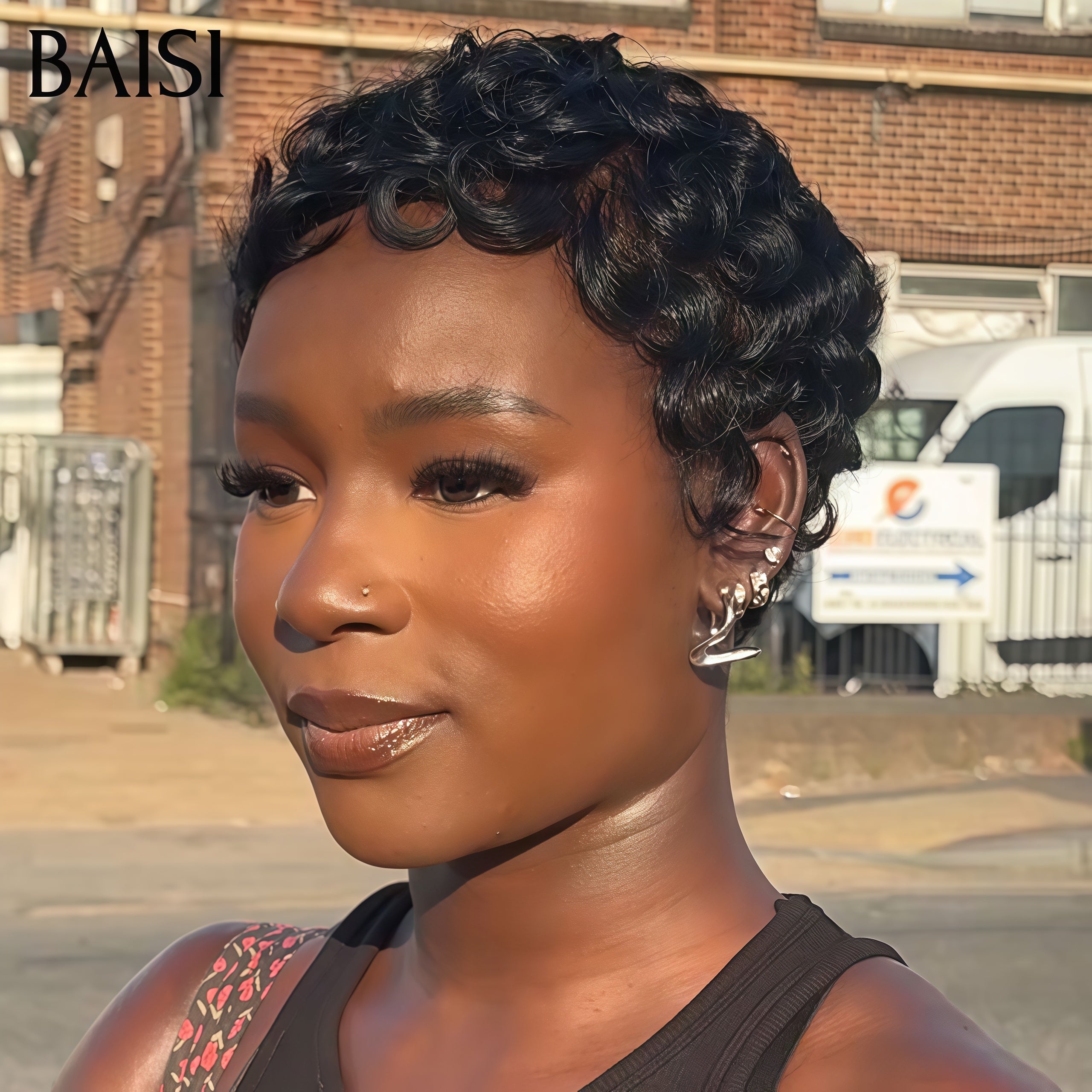 BAISI Lace frontal Perruque pixie finger wave 6 Pouces 56€ ou sans Colle fabriqué à la machine NOIR en 100% Vrais Cheveux Humains