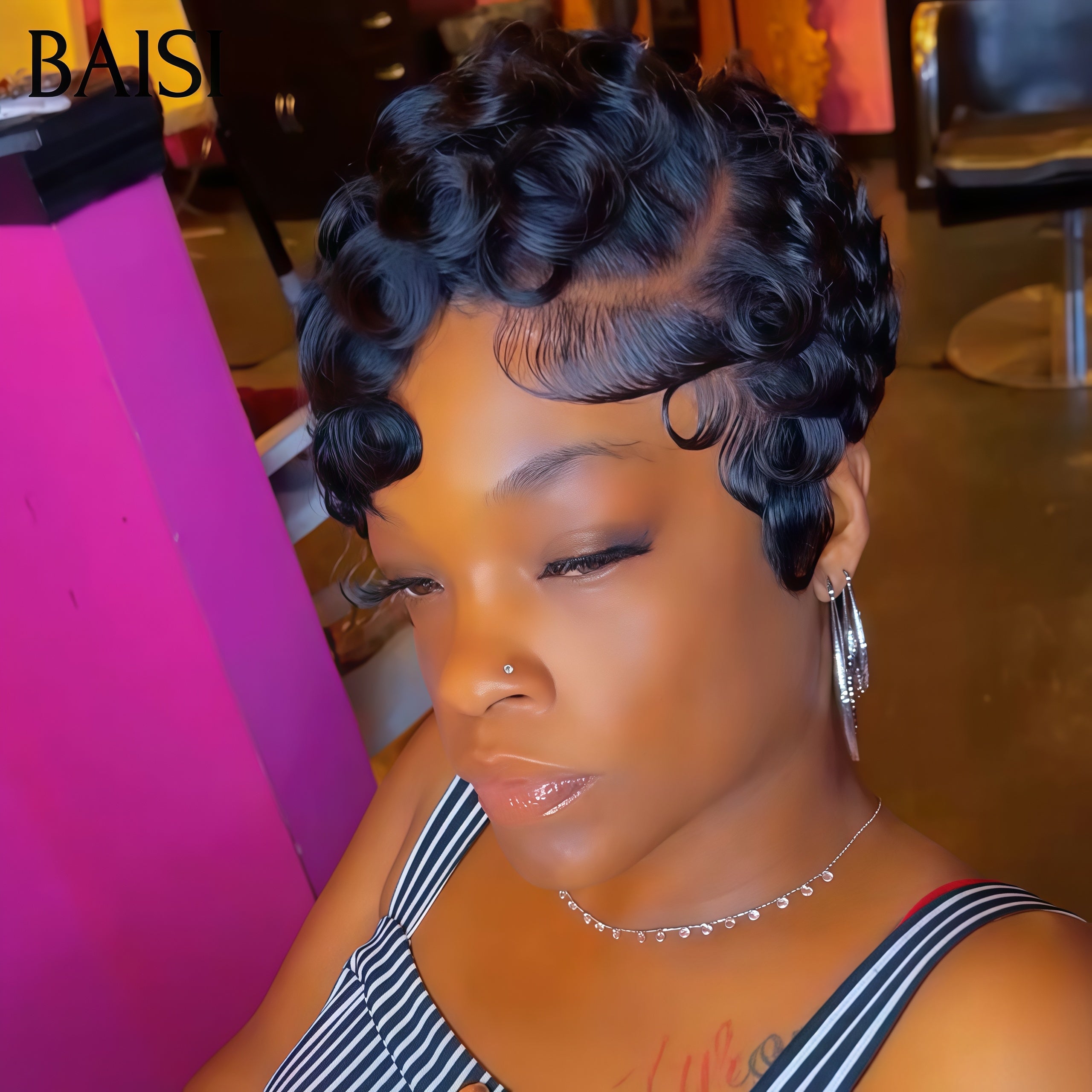 BAISI Perruques Chioma 13X4 lace frontal pixie finger wave 200% densité noir Moitié Prix 55€en 100% Cheveux Humains  MP50