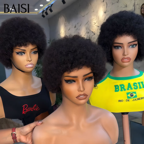 BAISI Achetez 2 perruques minimum au prix d'usine fournisseur 100% Raw hair Lace Frontale Pixie Afro #905 Couleur NOIR  100% Vrais Cheveux Humains (Pas Besoins De Code)
