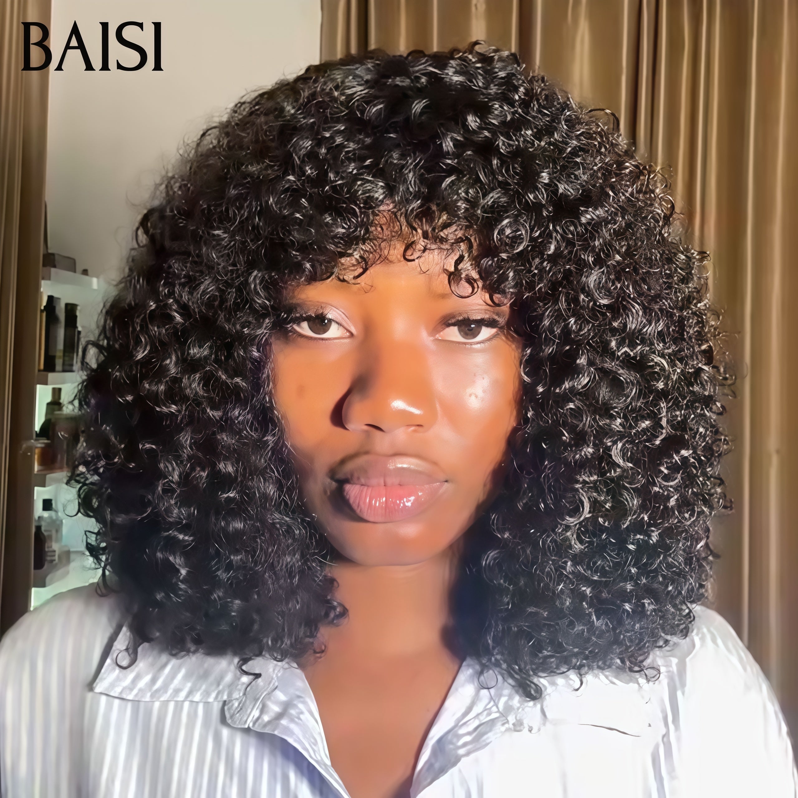 BAISI perruque afro curl avec frange en couleur NOIR 79€ ou Marron 27#/4# en 100% vrais cheveux humains