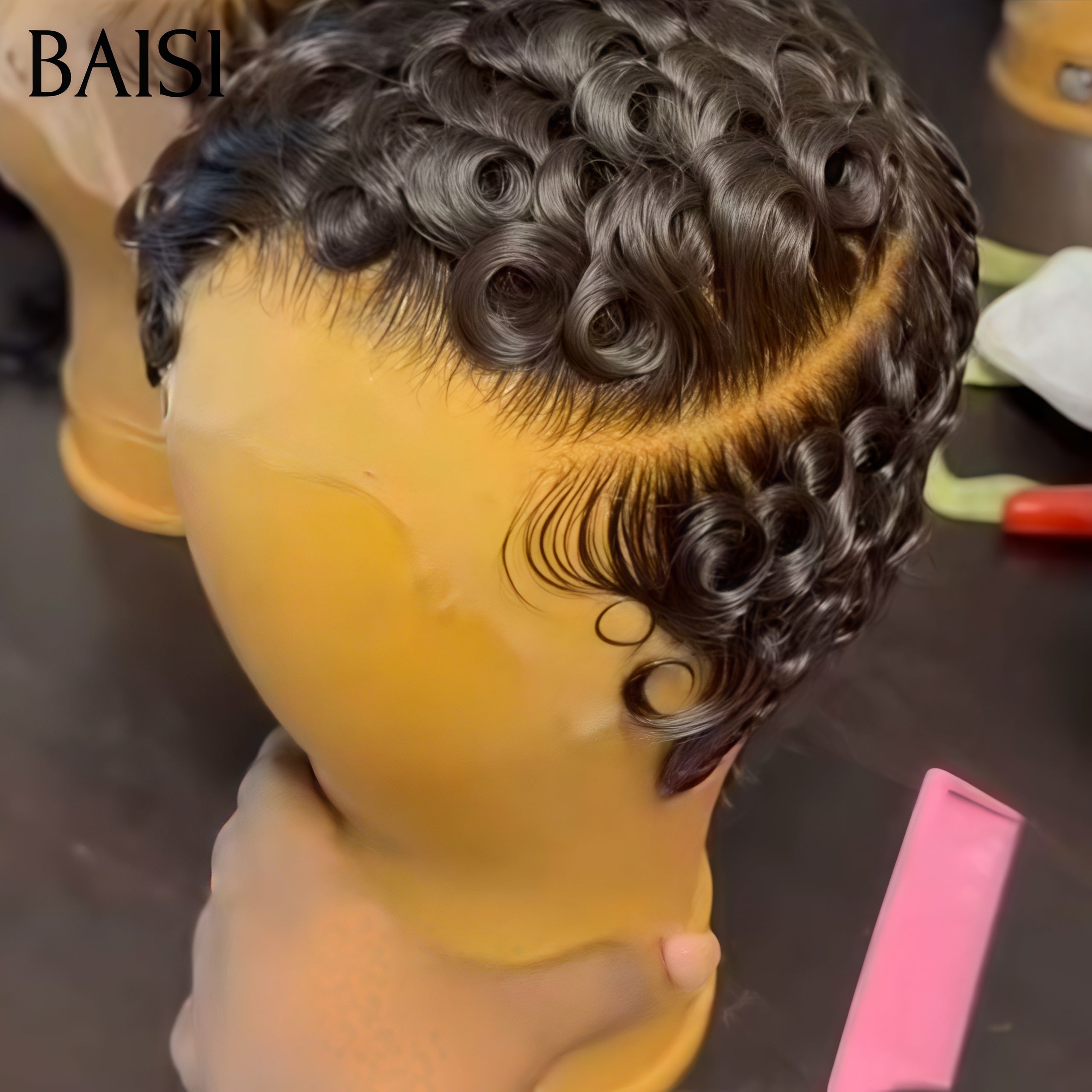 BAISI Perruques Chioma pixie finger wave 200% densité noir avec frontal 58€ en 100% Cheveux Humains BS60
