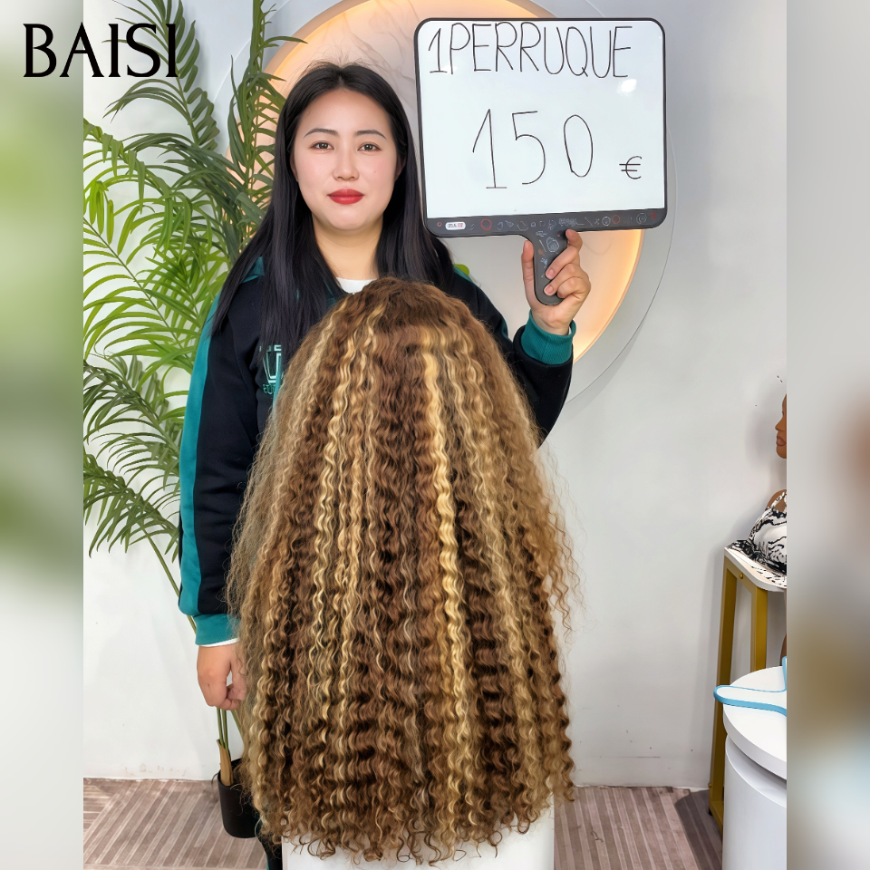 BAISI Perruque 13x4 lace frontal deep wave 24 Pouce + Cadeaux 150€ en couleur marron mixte miel en 100% Cheveux Humains