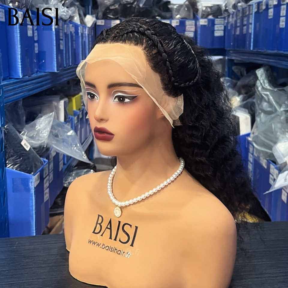 BAISI Perruque 13x4 lace frontal avec coiffure tressée natte noir 99€ curly wave en 100% Cheveux Humains Comme la photo