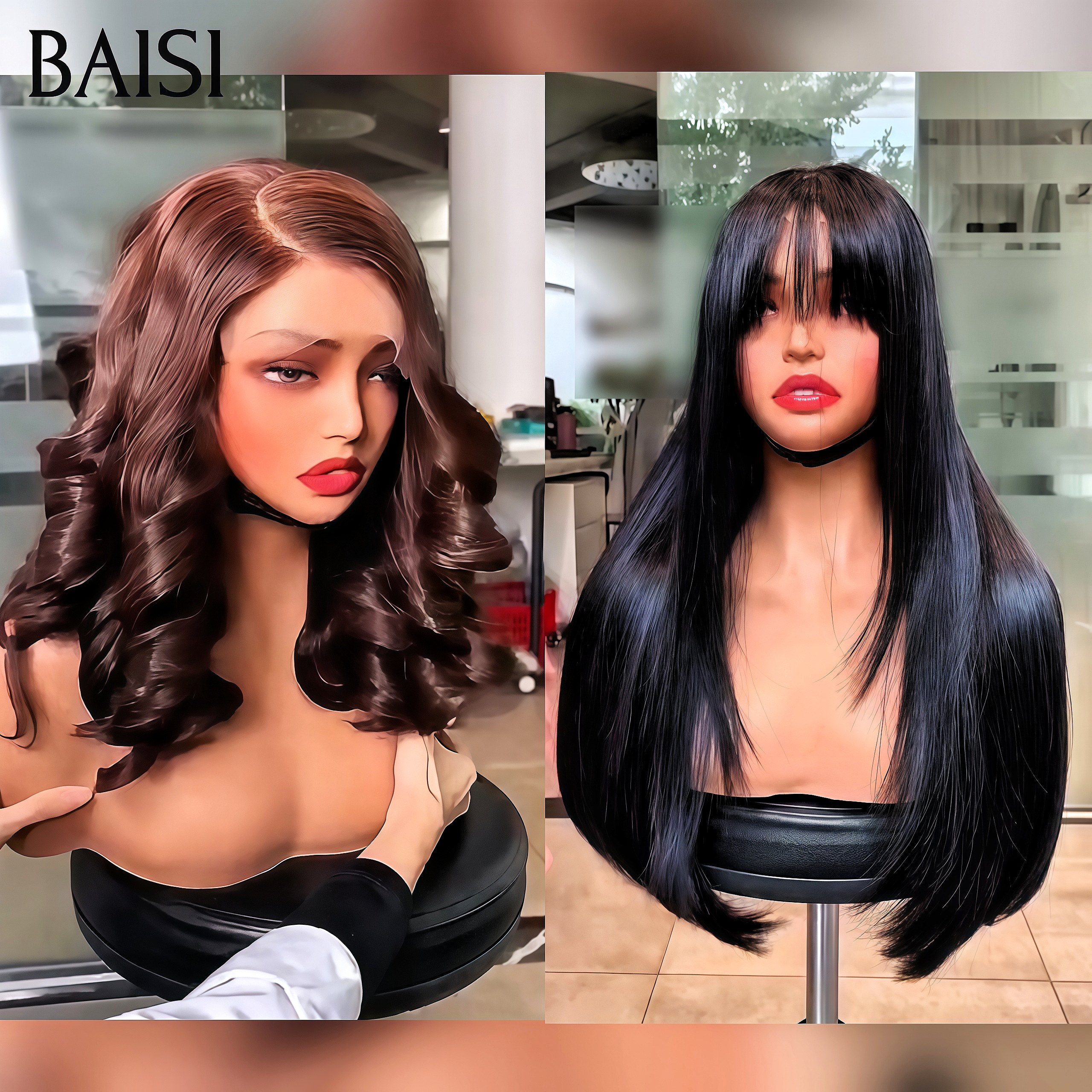 BAISI  Gagnez 2 au Prix de 1 = 179€ egg wave en couleur Blended human hair et frange lisse en noir 16 pouce en 100% Cheveux Humains