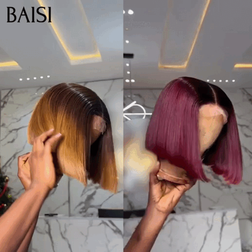 BAISI Promo 2 Perruques 109€ BOB PRIX GROSSITE lace closure Lisse 8 Pouces 2 couleurs Bordeaux et Marron en 100% Cheveux Humains
