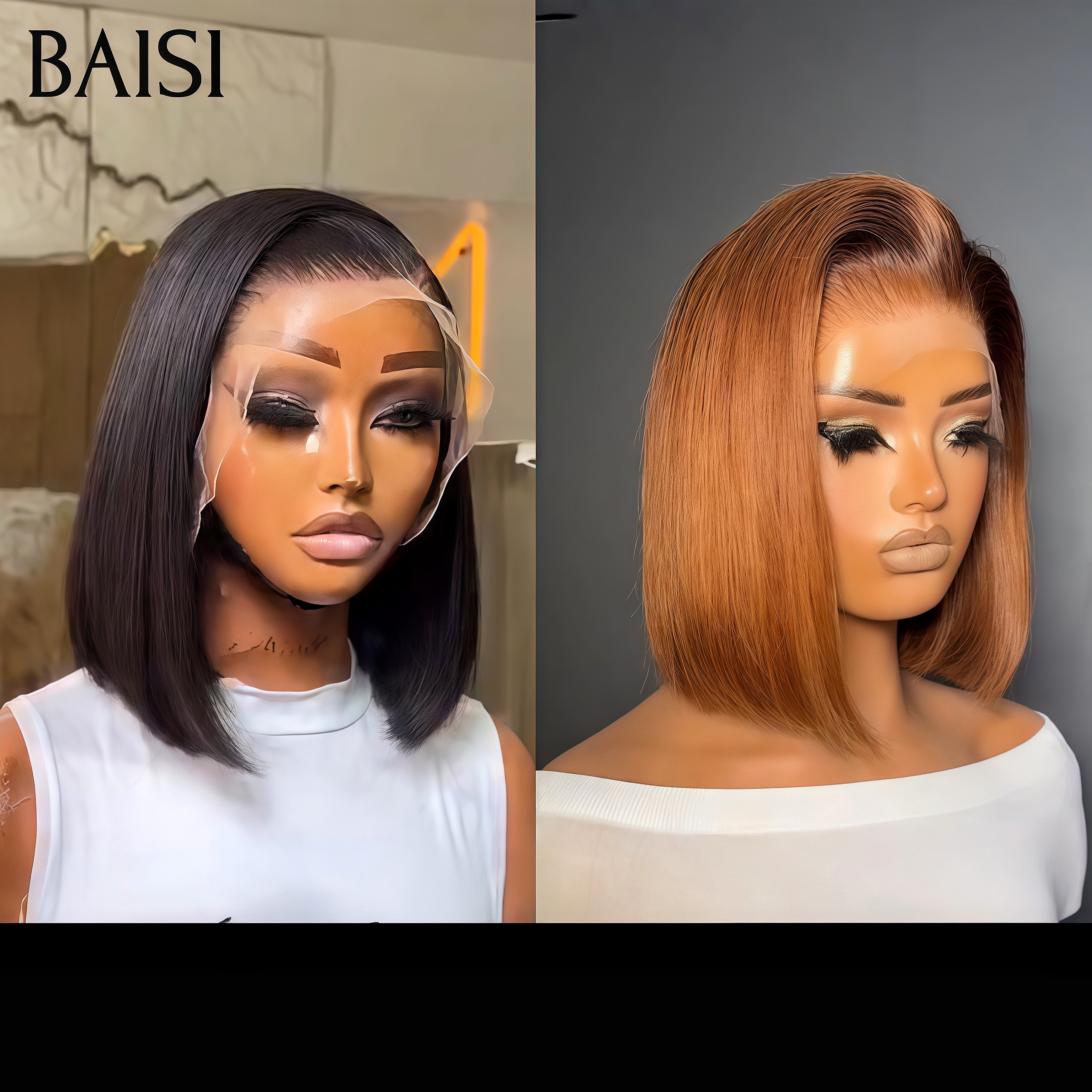 BAISI Promo 2 Perruques 128€ BOB PRIX GROSSITE sans Colle 13x4 lace frontal Lisse 10 Pouces  2 couleurs noir et Marron en 100% Cheveux Humains