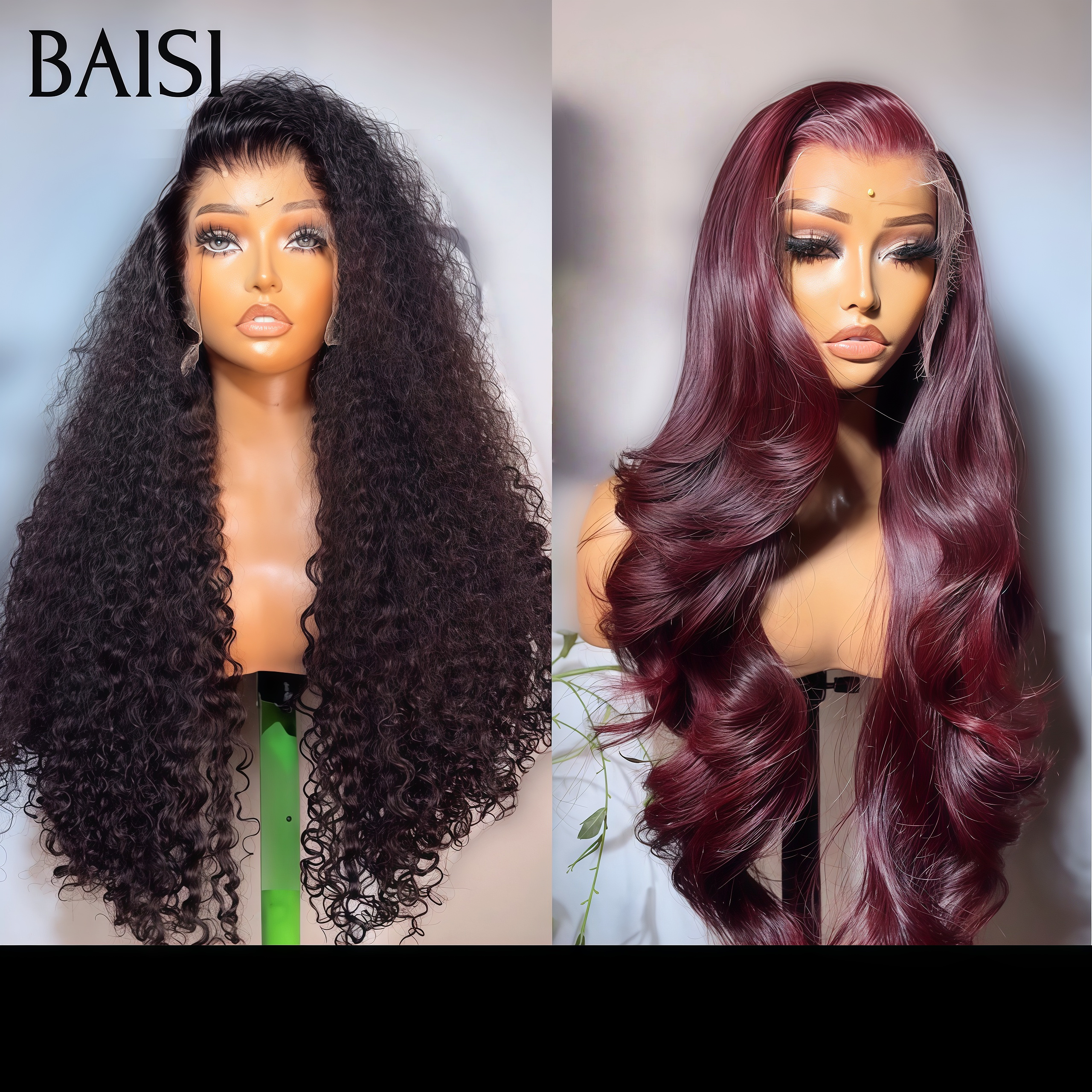 BAISI 2 perruques 239€ 13X4 lace curly wave noir et Body wave Bordeaux en 100% vrais cheveux humains Réduction avec code promo