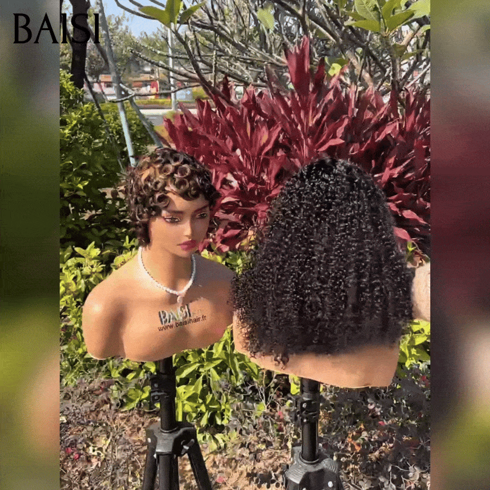 BAISI  Achetez 1 + 1 Gratuite=129€ 13x4 lace frontal curly wave et pixie finger wave Mixte Miel en 100% Cheveux Humains