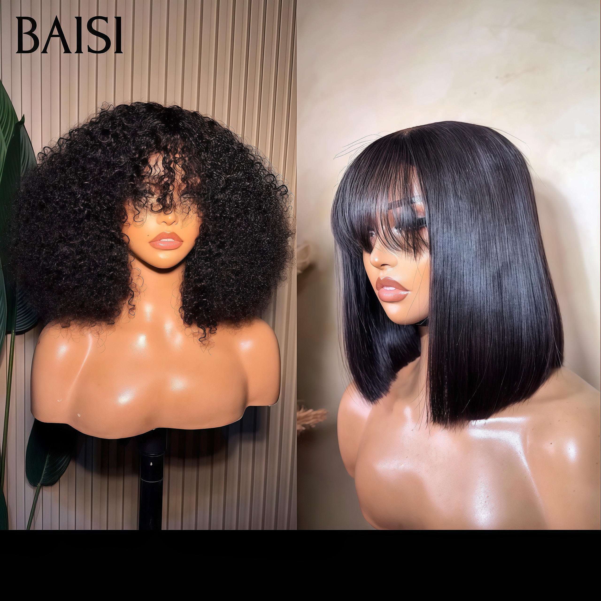 BAISI Lot de 2 perruques Achetez 1 + 1 Gratuite = 119€ BOB Lisse avec Frange et water wave en 100% vrais cheveux humains