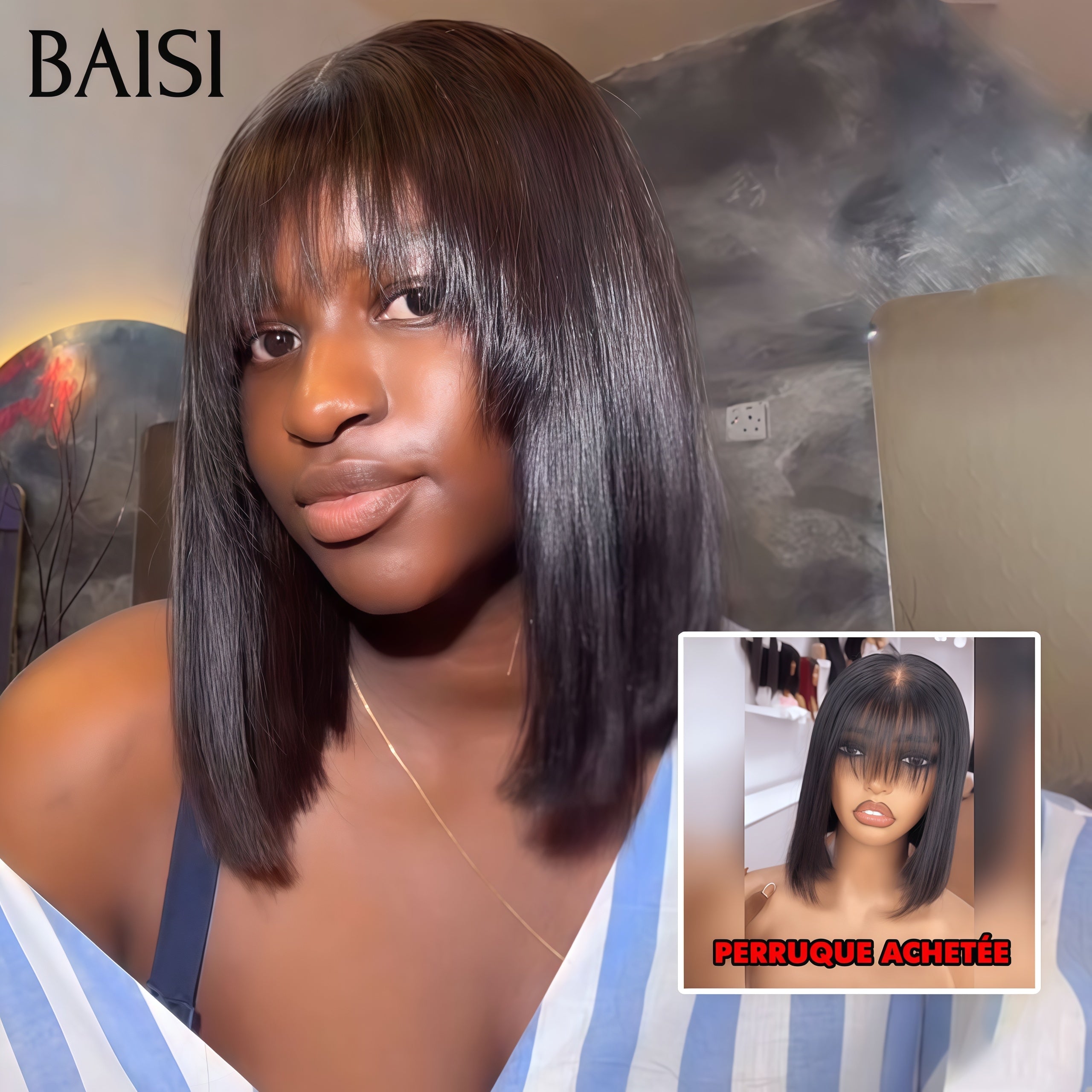 BAISI Perruque Bob Lisse avec Frange DE luxe SDD bone straight Coupe Carrée En 100% Vrais Cheveux Humains
