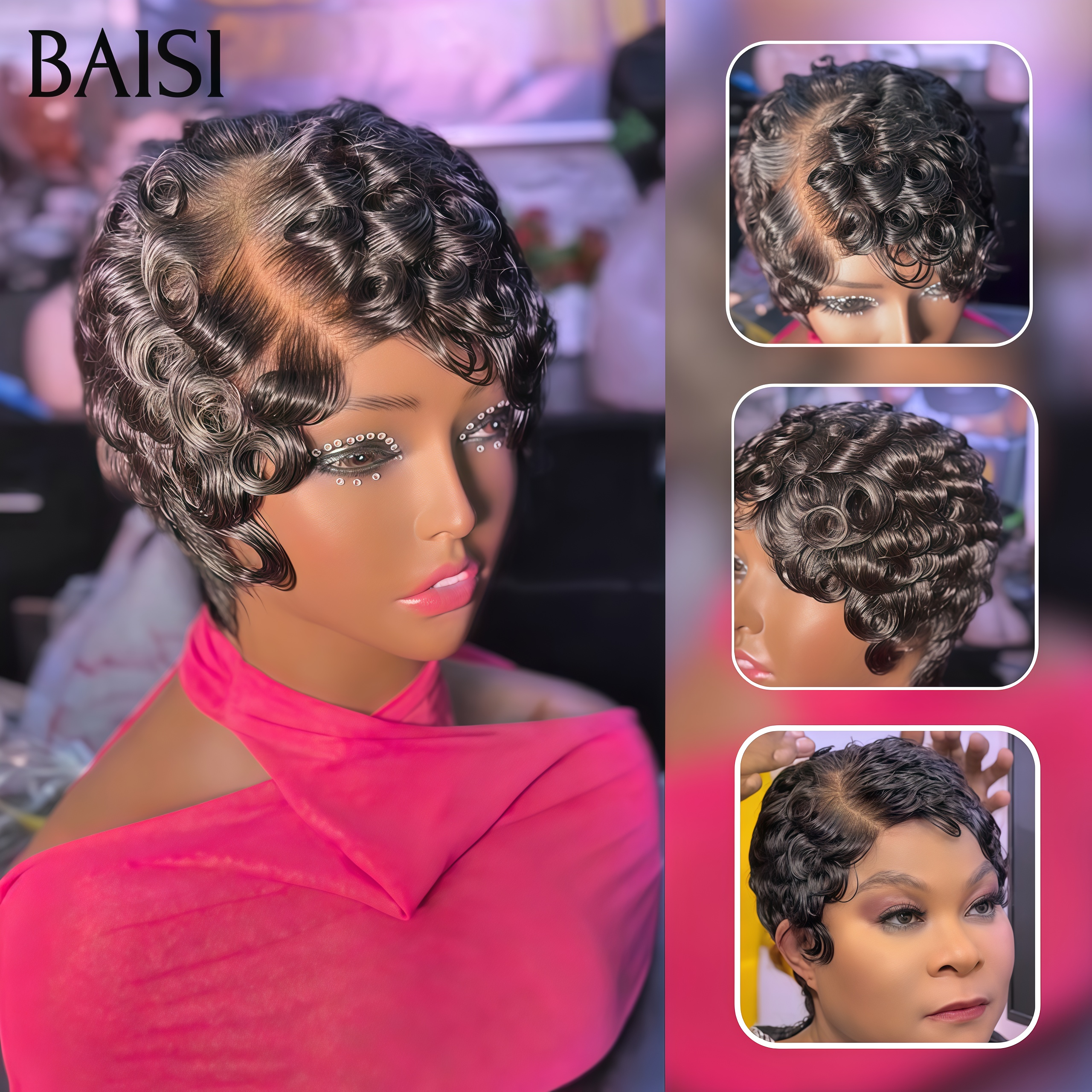 BAISI Perruque pixie chioma Avec Frontale 1 Chioma  + Cadeaux = 50€ en France finger wave en 100% Cheveux Humains