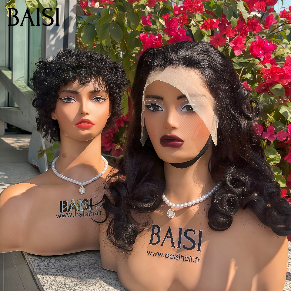 BAISI  Achetez 1 + 1 Gratuite=149€ 13x4 lace frontal egg wave NOIR 14 Pouces et curly wave pixie en 100% Cheveux Humains