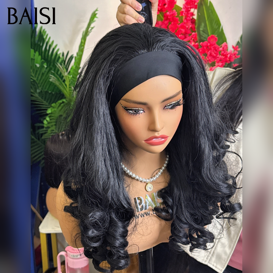 BAISI promotion 2 perruques 100€ Perruque Blended human hair bandeau kinky straight 32 Pouces et egg wave 20 Pouces en noir en 100% Cheveux Humains