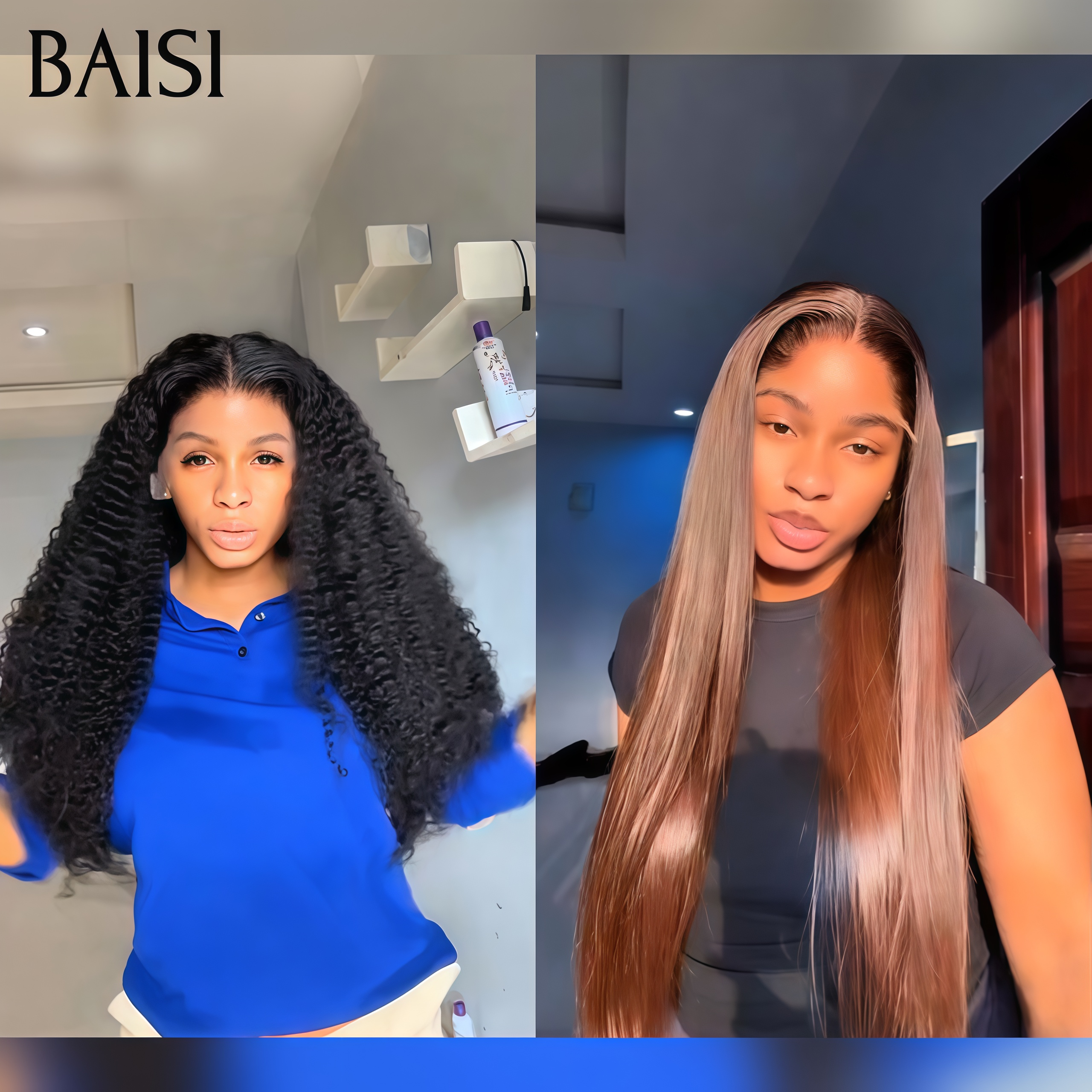 BAISI Lot de 2 Perruques 135€ 14 Pouces 13x4 lace frontal curly wave et Lisse Marron en 100% vrais cheveux humains