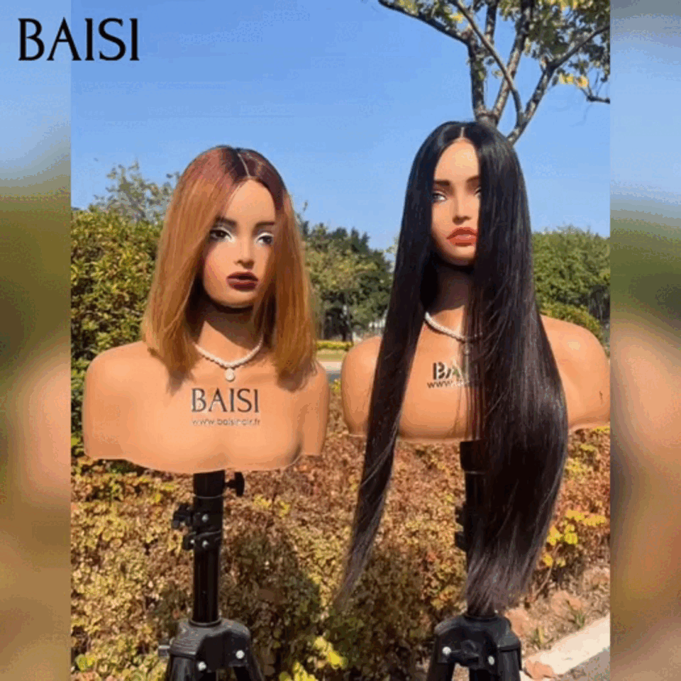 BAISI  Achetez 1 + 1 Gratuite=159€ 13x4 lace frontal Lisse NOIR 20 Pouces et Lisse BOB 8 Pouces Miel en 100% Cheveux Humains