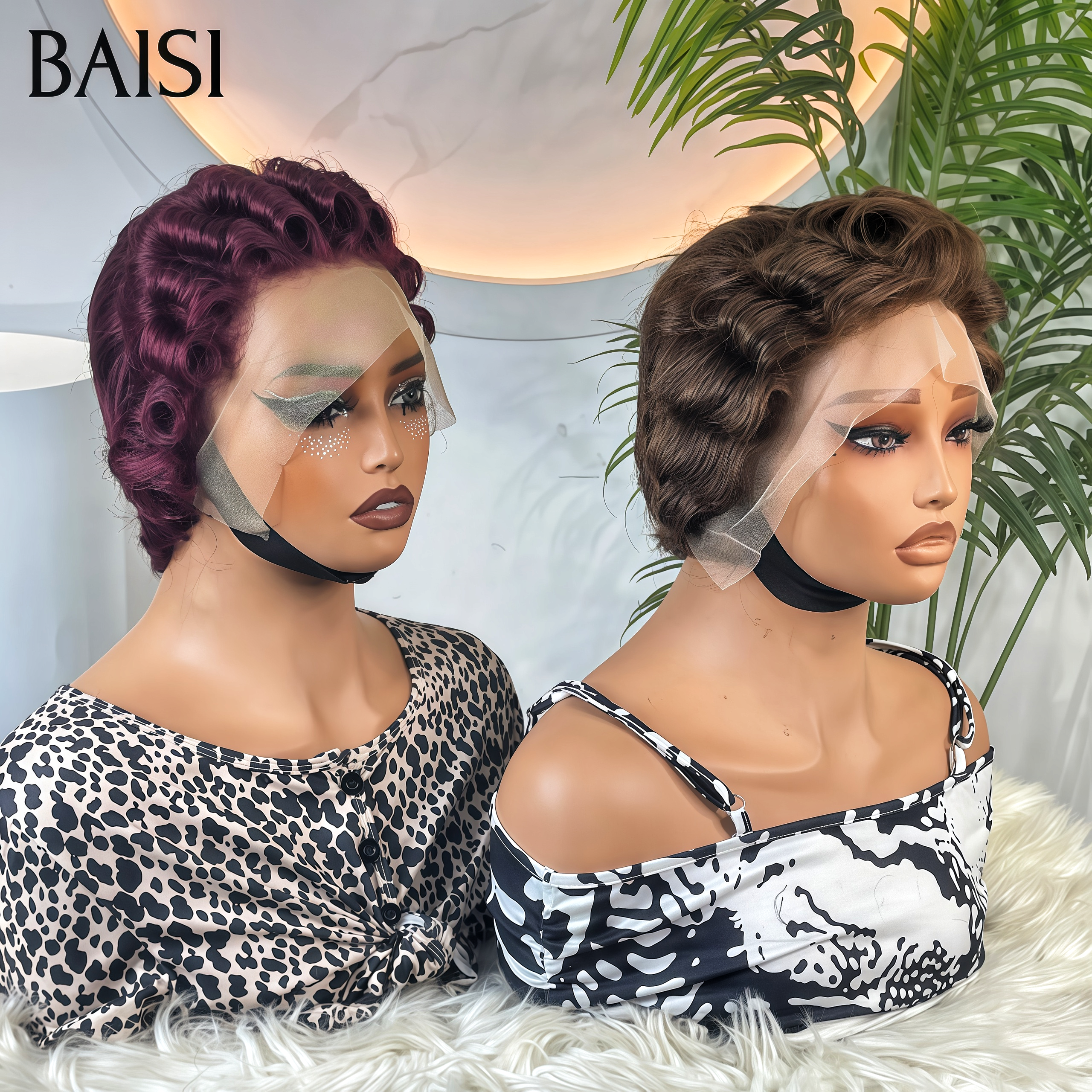 13x4 lace frontal pixie pour revendre 2 perruques 99€ finger wave en 2 couleurs Marron et Bordeaux en 100% vrais cheveux humains