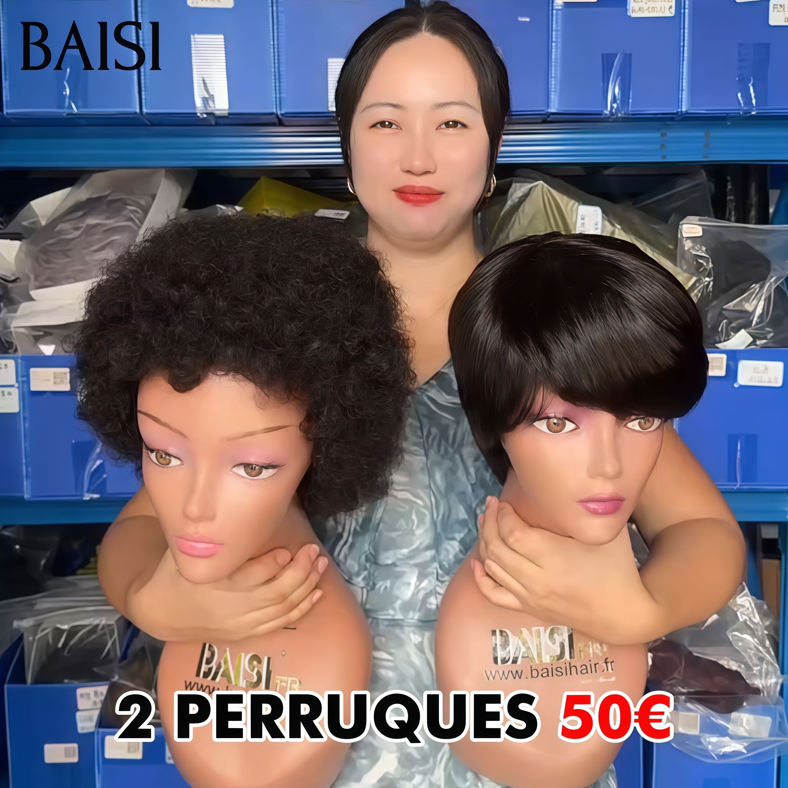 BAISI pixie Ventes En Gros 2 perruques 50€  afro curly et lisse sans colle en 100% Cheveux Humains fabriqué à la machine BS65