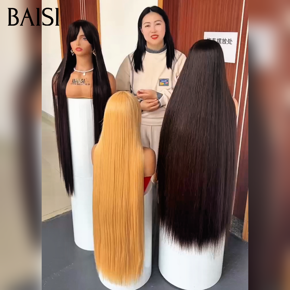 BAISI Perruque 40 Pouces 100€ Lisse avec Frange sans Colle Fabriqué à la Machine Moitié Prix cheveux de luxe SY comme la vidéo