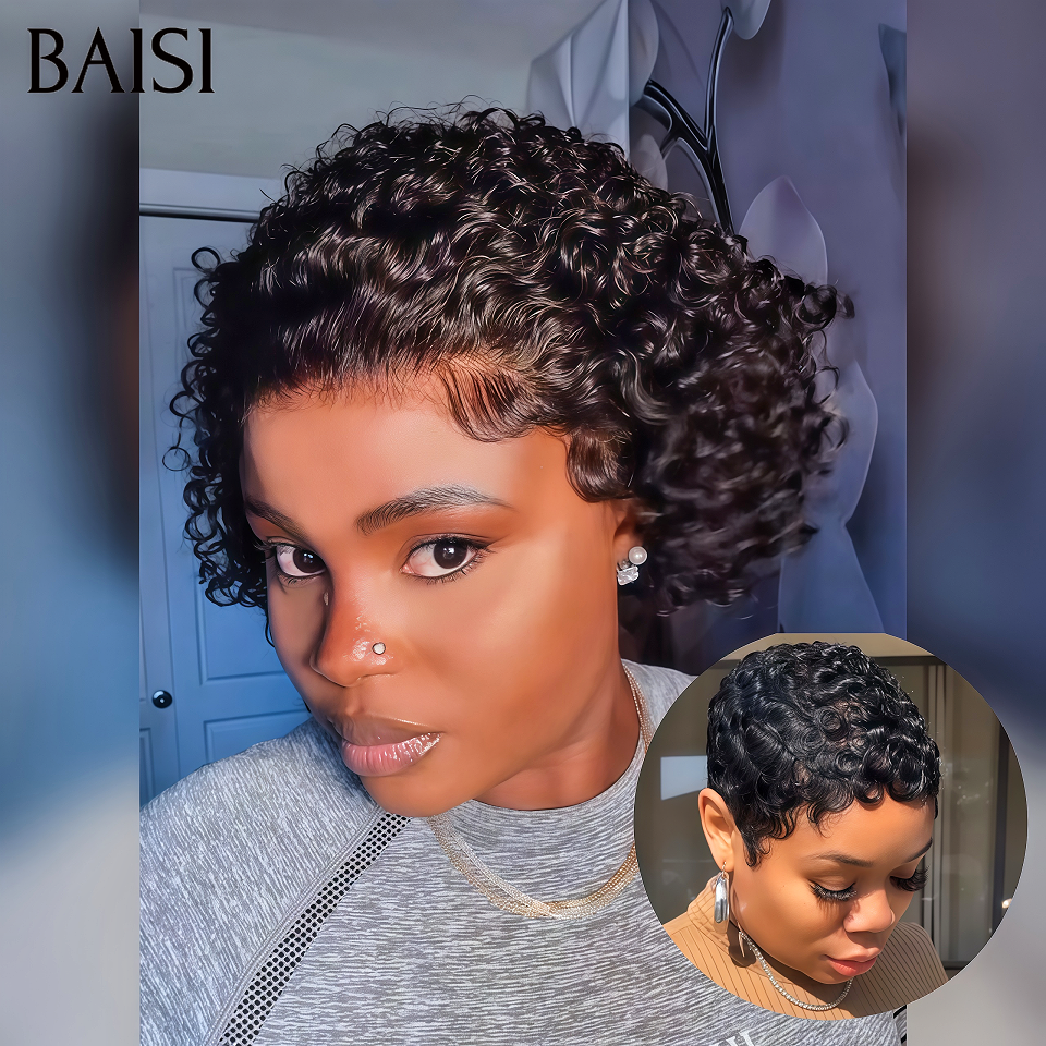 BAISI Compre 1 + 1 Grátis = 66€ Peruca pixie 13x4 lace frontal ondulada e encaracolada sem cola, peruca chioma em 100% cabelo humano verdadeiro