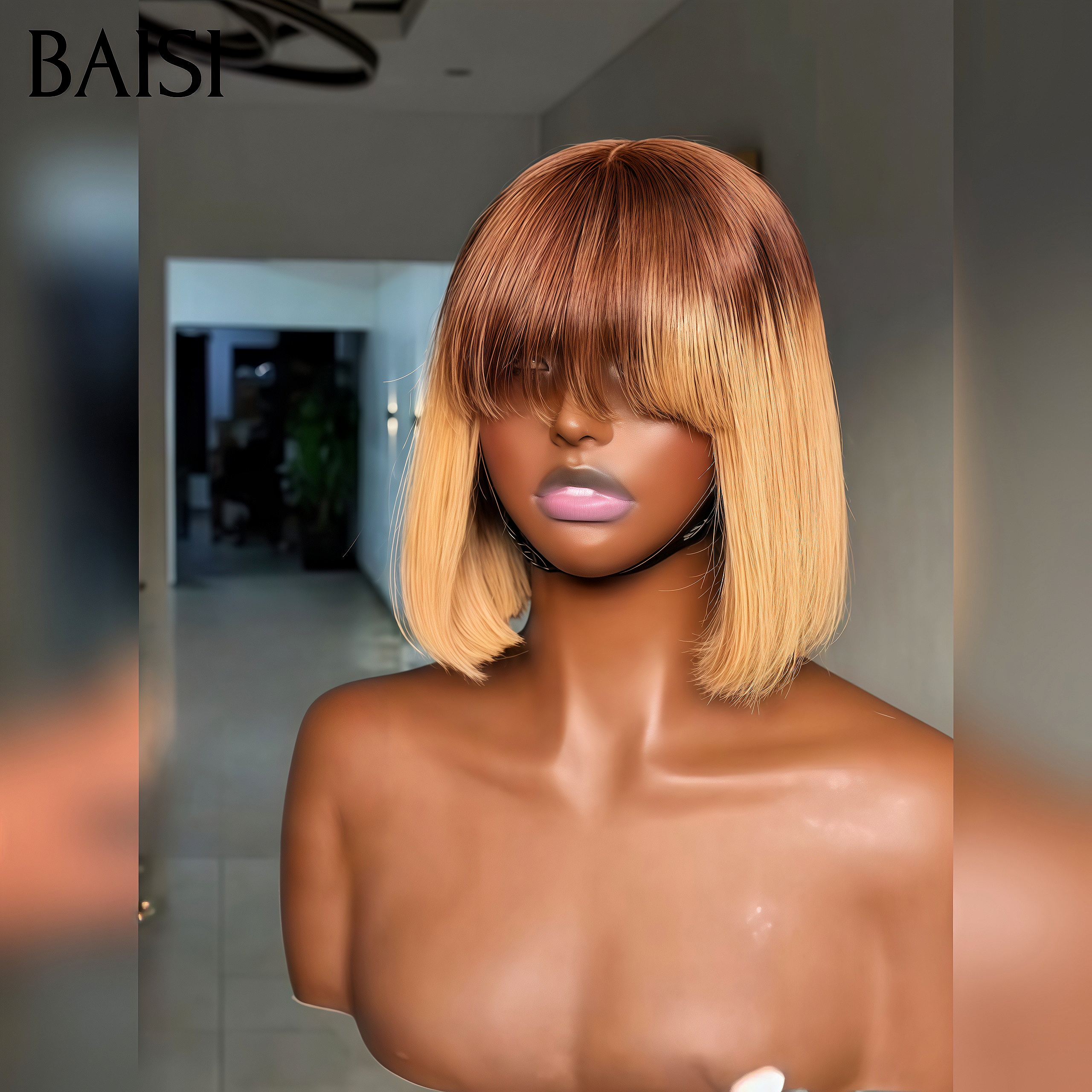 BAISI Perruque Bob Lisse avec Frange SDD Vietname Hair Coupe Carrée en couleur Miel En 100% Vrais Cheveux Humains