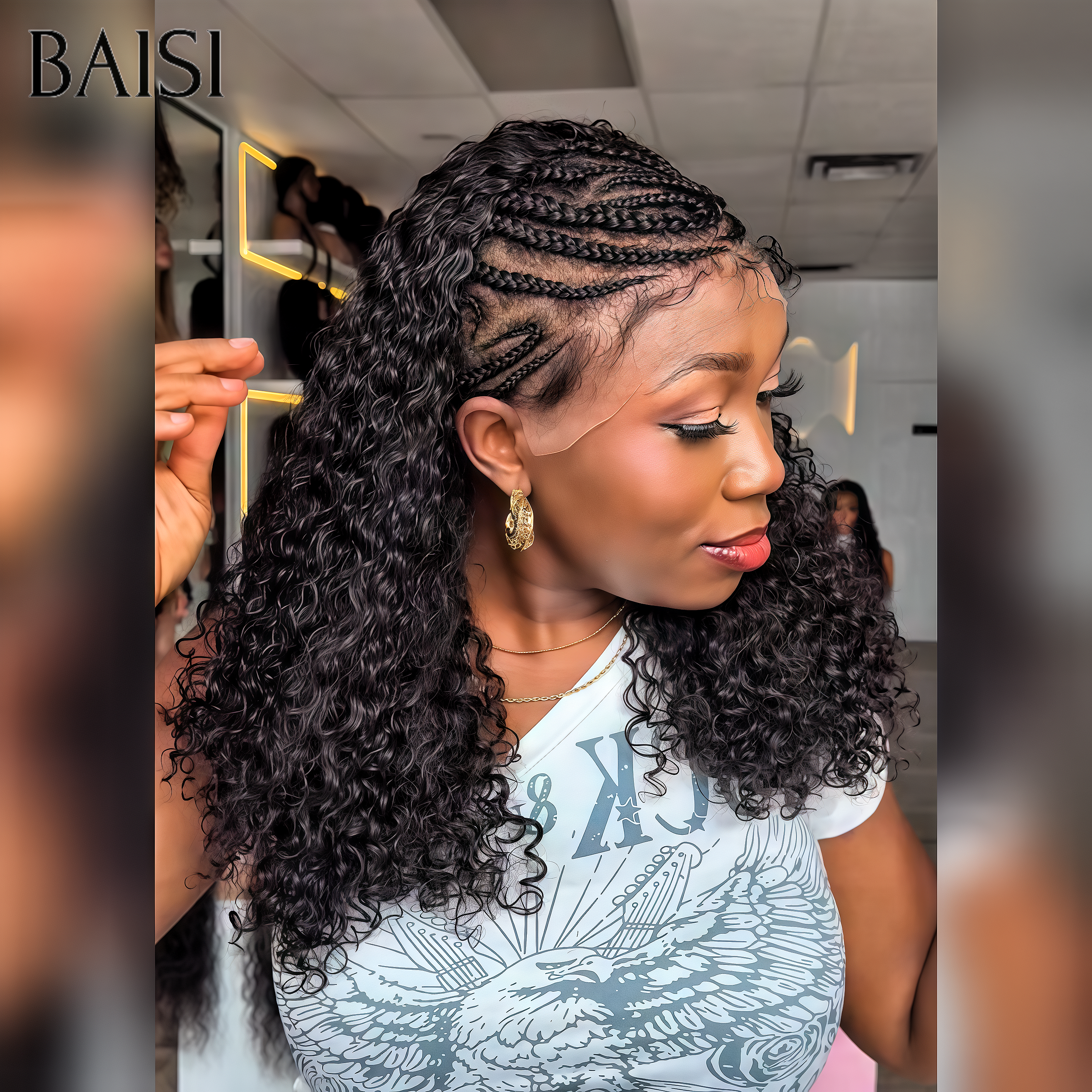 BAISI perruque avec coiffure tressée natte lace frontal 13x4 curly wave noir 20 pouces Offre Flash 139€ en 100% Cheveux Humains