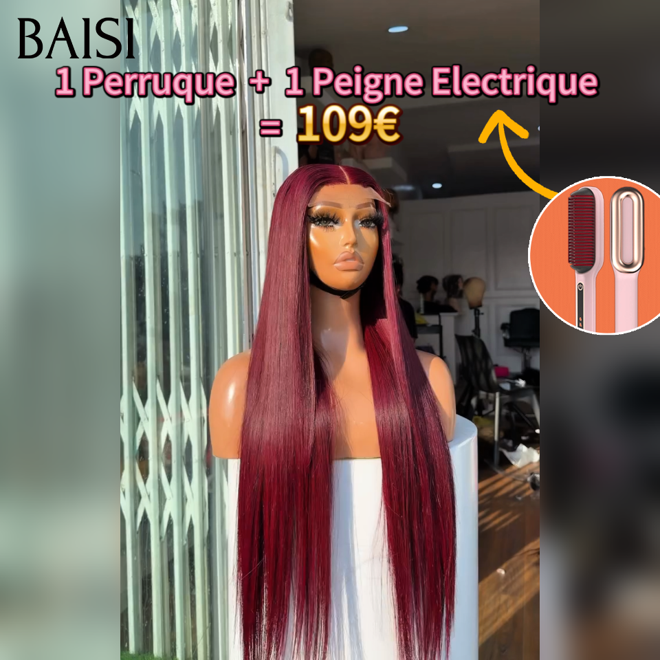 BAISI 13x4 Frontal Perruque Lisse 1 Perruque + 1 Peigne Electrique = 109€ 20 Pouces en  couleurs Bordeaux 99J# en 100% Cheveux Humains