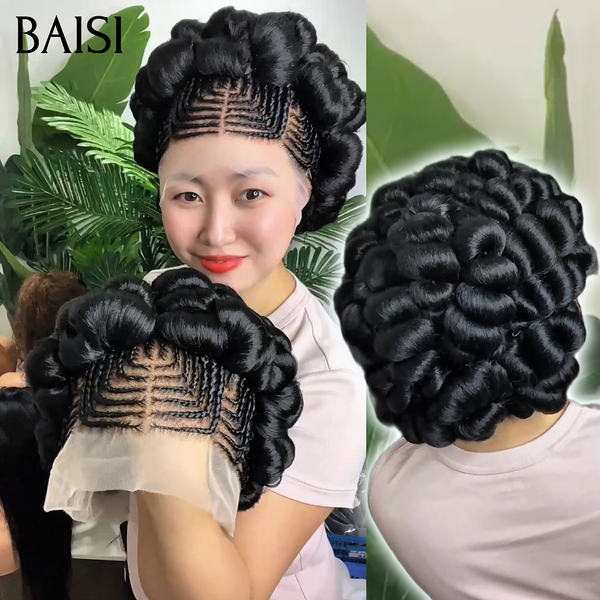 BAISI Nouvelle Arrivée Perruques Moitié Prix 13x4 frontal Lace avec Chignon de nattes  NOIR En 100% cheveux humains