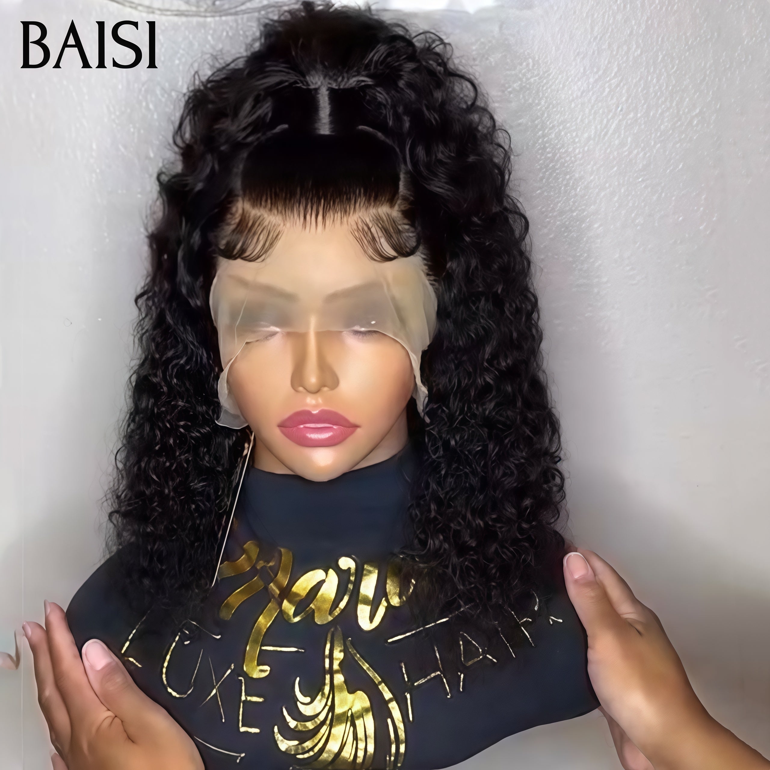 BAISI Promotion 13x4 Lace frontal Perruque noir curly wave 18 pouces Coiffure comme la vidéo 89€ 100% Cheveux Humains