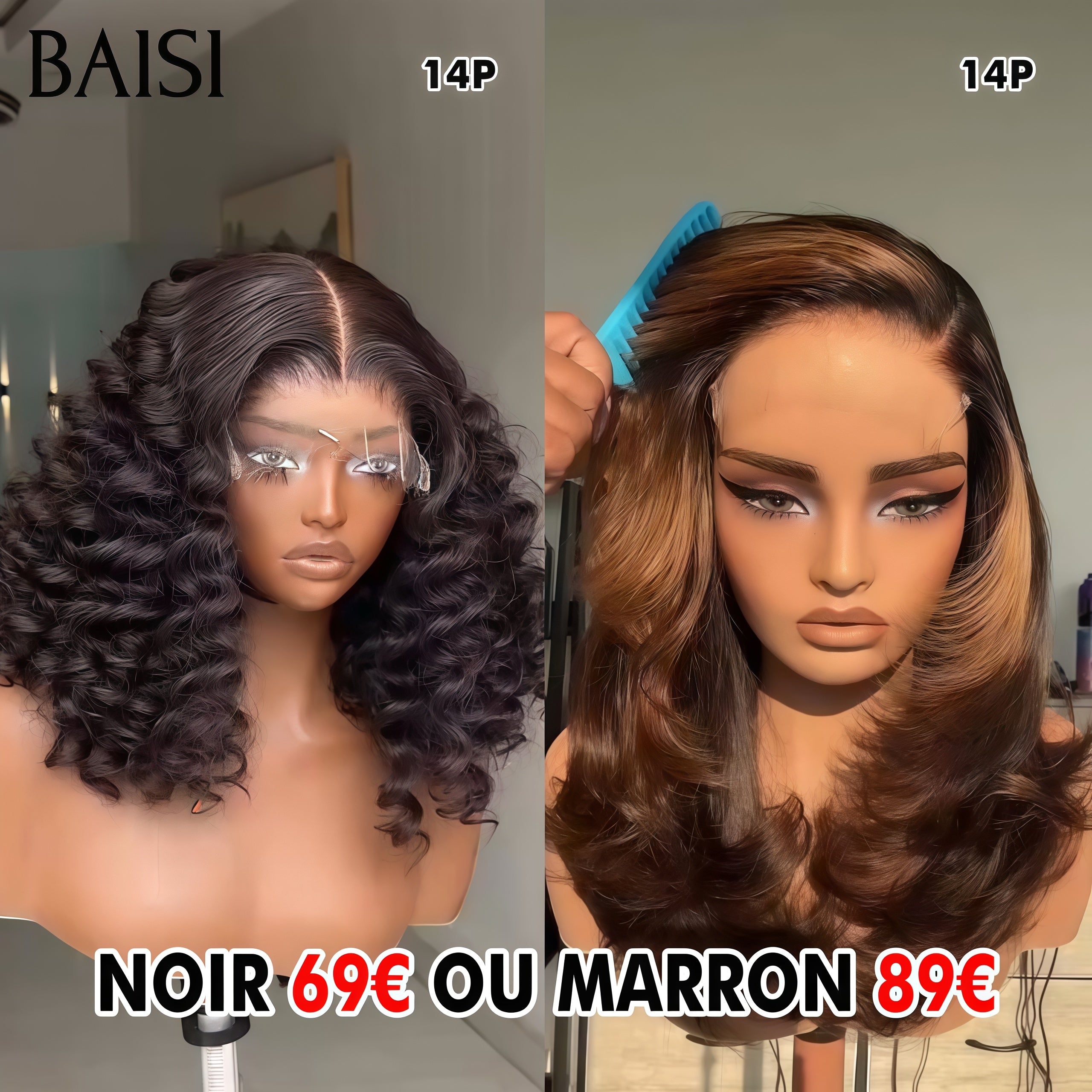 BAISI perruques Deux options 4X4 lace closure deep wave 69€ ou lisse marron 14 pouces BOB 89€ en 100% Cheveux Humains